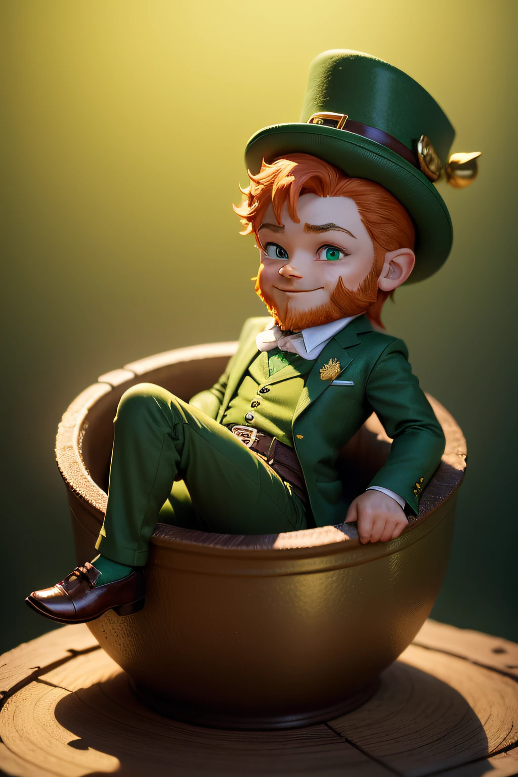 Create a chibi-style illustration of a leprechaun, an Irish folk character, propped up in a pot of gold in a 3D composition. The leprechaun should have lovely features, with a large head and bright eyes. He can wear a green hat with a golden ribbon and have a red beard. Your outfit can be a green suit with gold buttons and pointy shoes. O leprechaun deve estar sorrindo, with his small hands holding the edge of the pot of gold, conveying an expression of happiness and satisfaction. O pote de ouro pode ter detalhes em dourado, with a bright texture and realistic reflections to make it more attractive. The illustration can be finished with a green background, representando um campo ou floresta irlandesa, to emphasize the folk theme.