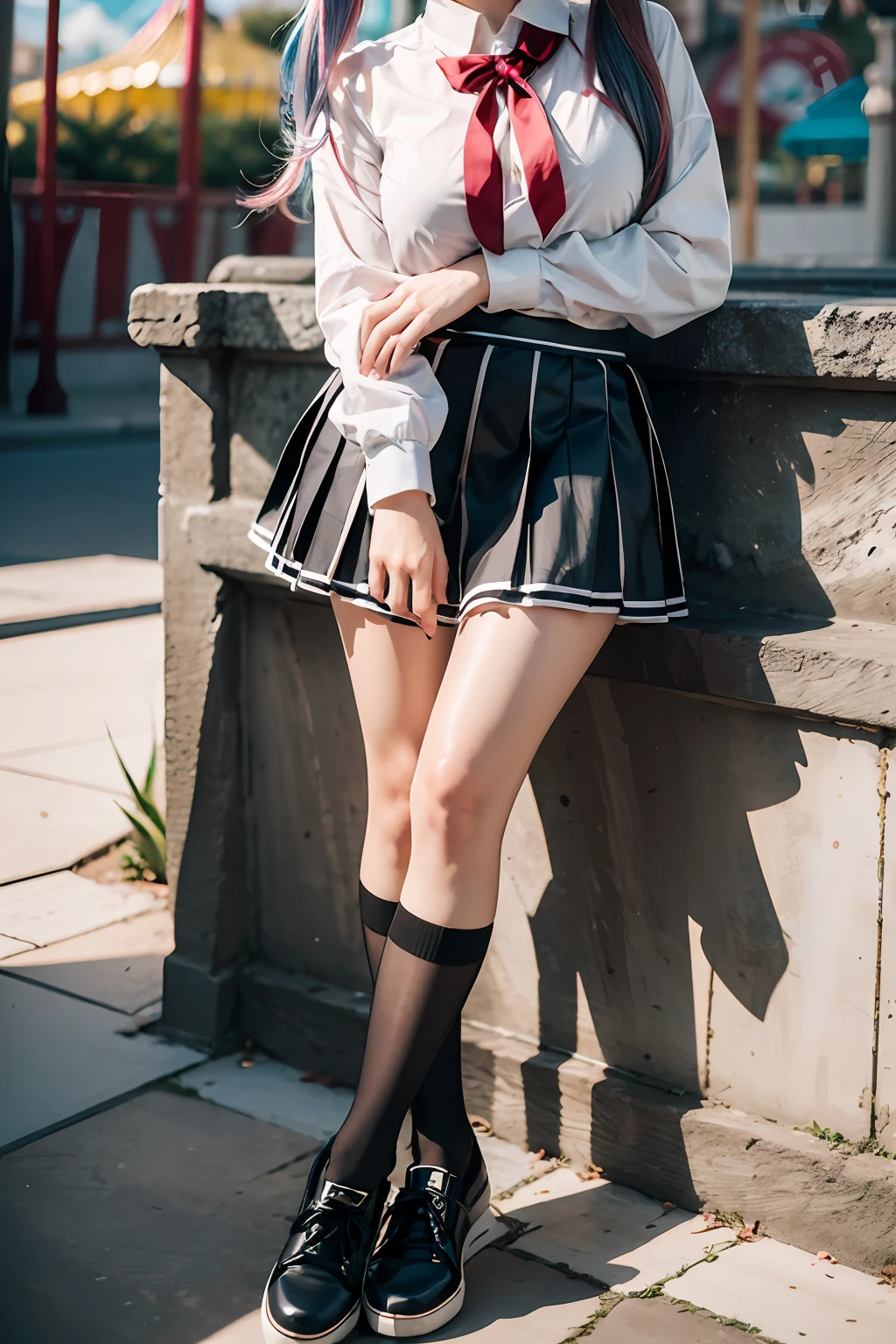Black pleated skirt、white shirt、neck tie、Photorealsitic, hight resolution, 1 rapariga, white hair, Korea person, Heterochromia eyes, small moles under eyes, 校服, High School Costumes,large full breasts, Blue-haired、(Blonde mesh)、plein air、Pigtails straight hair、yes、all-fours、shortpants、hime-cut、pier、Adults、40 years、Photorealsitic, hight resolution, 1 rapariga, Korea person, Heterochromia eyes, small moles under eyes,Half blonde and half black hair、(top-quality、in 8K、32K、masterpiece、nffsw、ighly detailed、Impresionismo:1.2)、Full body, (amusement park:1.4)、realistic shadow、beauitful face、blurry backround、shinny skin, Beautiful black and pink hair、Blunt bangs、 braided ponytails、Brown eyes、a sailor suit、pleatedskirt、Black socks、Black shoes、A smile、thighs thighs thighs thighs、from the front side、Opening legs、