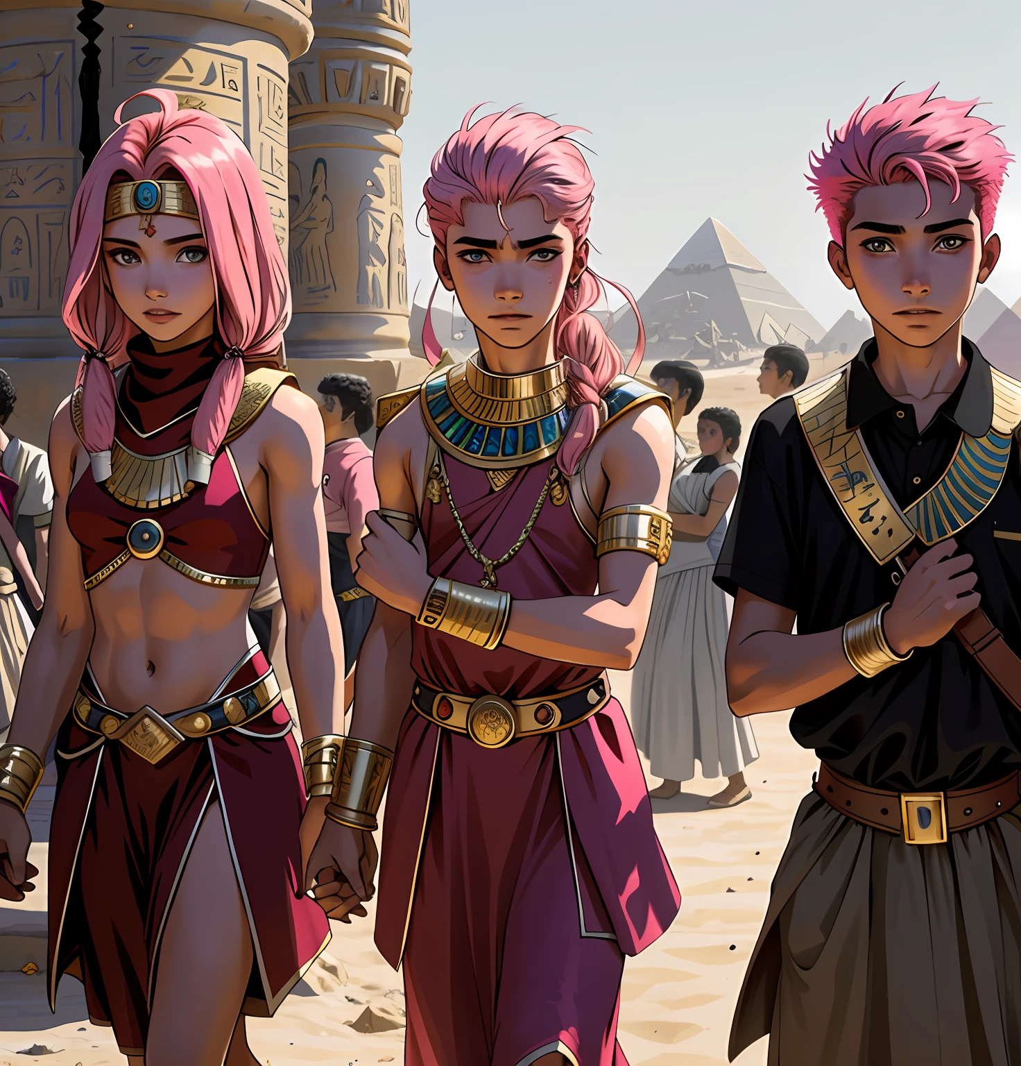 Several 14-year-old boys and several 15-year-old girls in a fist in Egypt A 15-year-old boy with pink hair is a man who has honey-colored eyes in the background of ancient Egypt you can see the pyramids