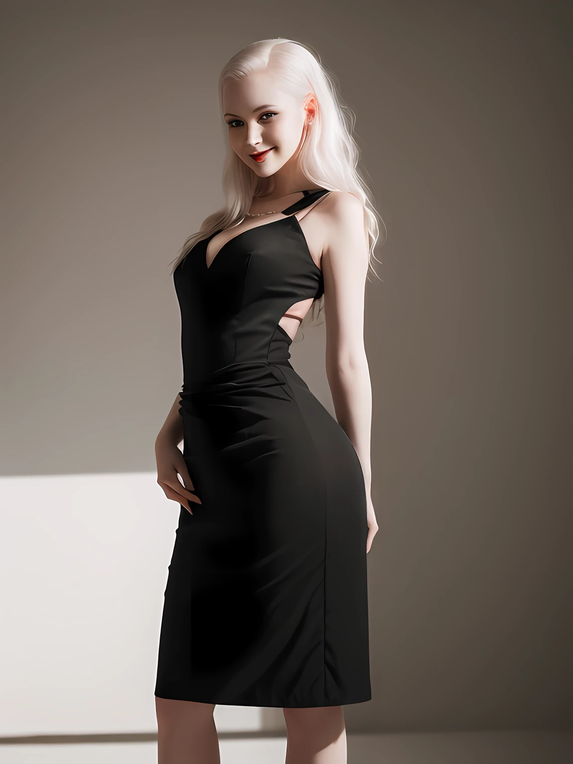 female vampire|albino,pale porcelain skin, vintage black dress, smile, shallow depth of field, sadistic, nightfall, detailed face, night,wide hips,narrow waist,portrait of woman standing,detailed eyes, portrait of woman standing,8k RAW photo, highest quality, (looking at the viewer:1.3), best shadow, intricate details, (bold hair:1.3),(bright eyes)