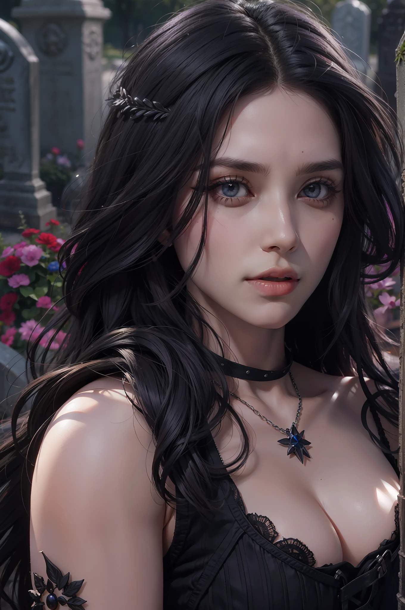 Mulher bonita que lembra Yennefer de The Witcher com longos cabelos pretos e olhos violetas brilhantes, obra prima, ultra qualidade, 8k, cabelos caindo sobre seus ombros, in the background a cemetery, She's wearing a tank top.