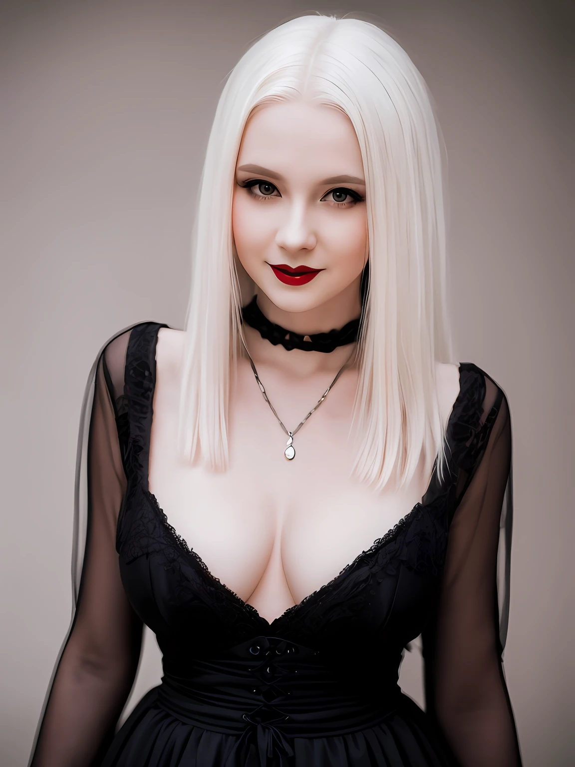 female vampire|albino,pale porcelain skin, vintage black dress, smile, shallow depth of field, sadistic, nightfall, detailed face, night,wide hips,narrow waist,portrait of woman standing,detailed eyes, portrait of woman standing,8k RAW photo, highest quality, (looking at the viewer:1.3), best shadow, intricate details, (bold hair:1.3),(bright eyes)