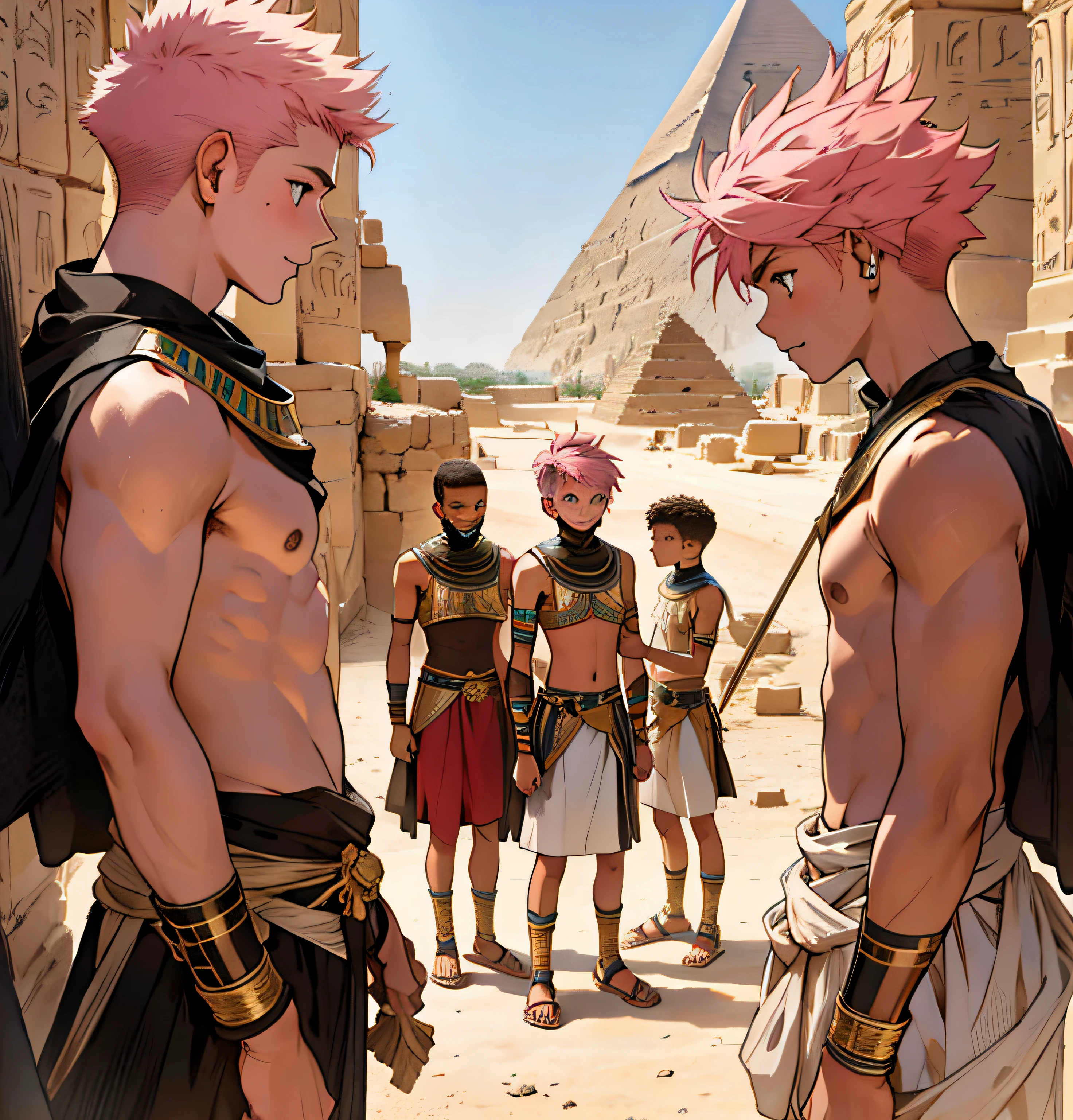 Several 14-year-old boys in a fist in Egypt A 15-year-old boy with pink hair is a man who has honey-colored eyes at the bottom of ancient Egypt you can see the pyramids