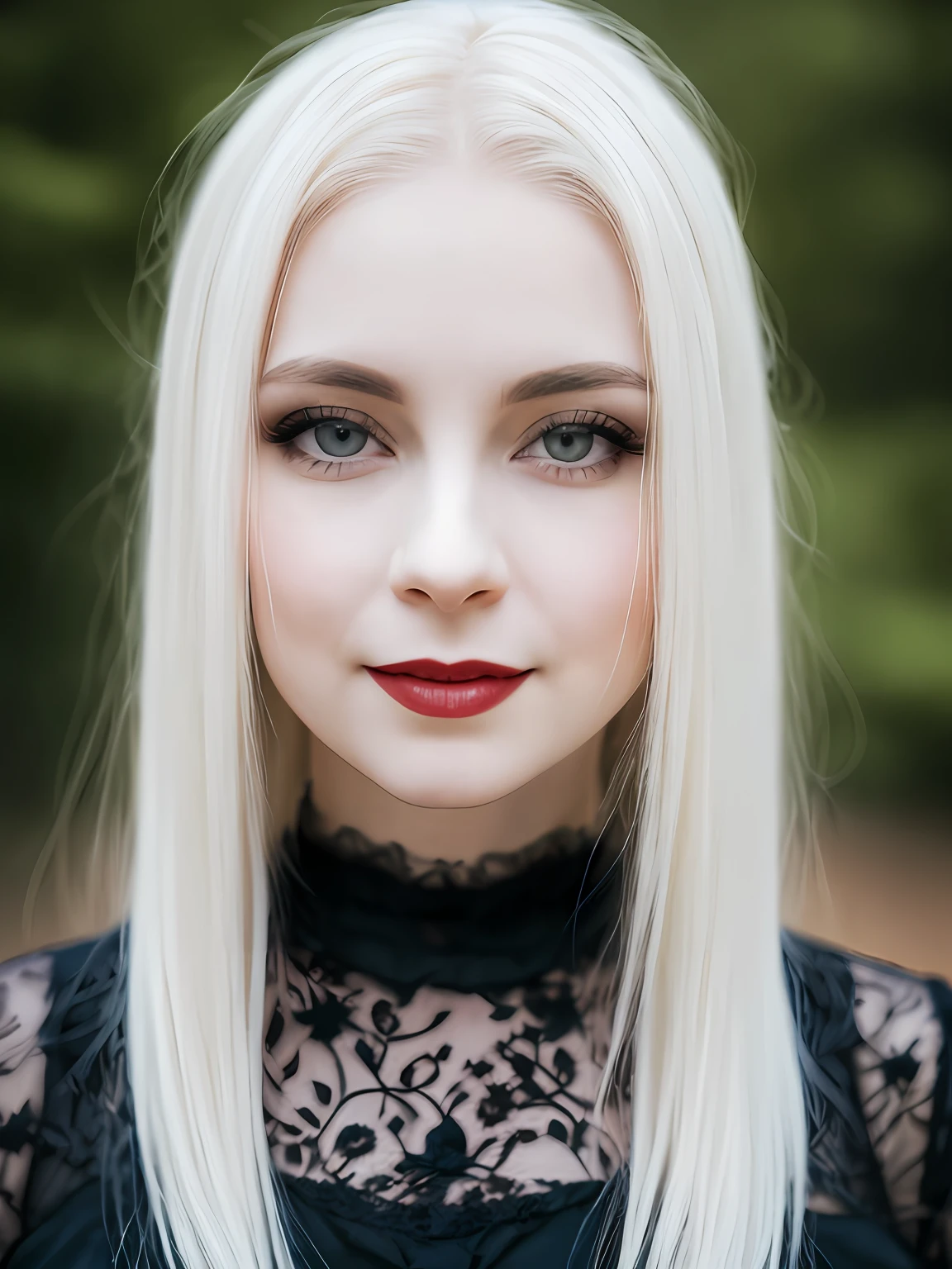 female vampire|albino,pale porcelain skin, vintage black dress, smile, shallow depth of field, sadistic, nightfall, detailed face, night,wide hips,narrow waist,portrait of woman standing,detailed eyes, portrait of woman standing,8k RAW photo, highest quality, (looking at the viewer:1.3), best shadow, intricate details, (bold hair:1.3),(bright eyes)