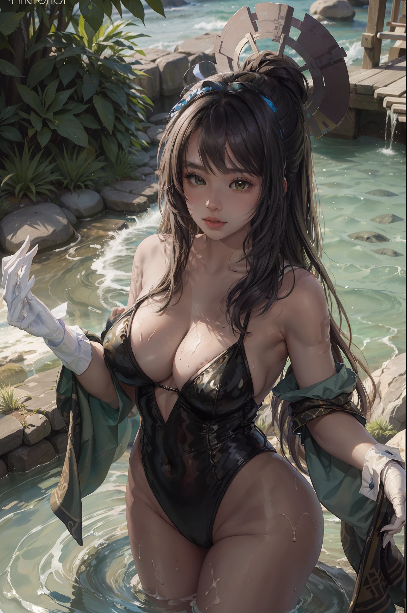 A very beautiful young woman stands in the water of a river and shouts with joy with her hands raised........... (Good Composition) (obra de arte) (Arte expresivo). (((Pechos masivos gigantes)))