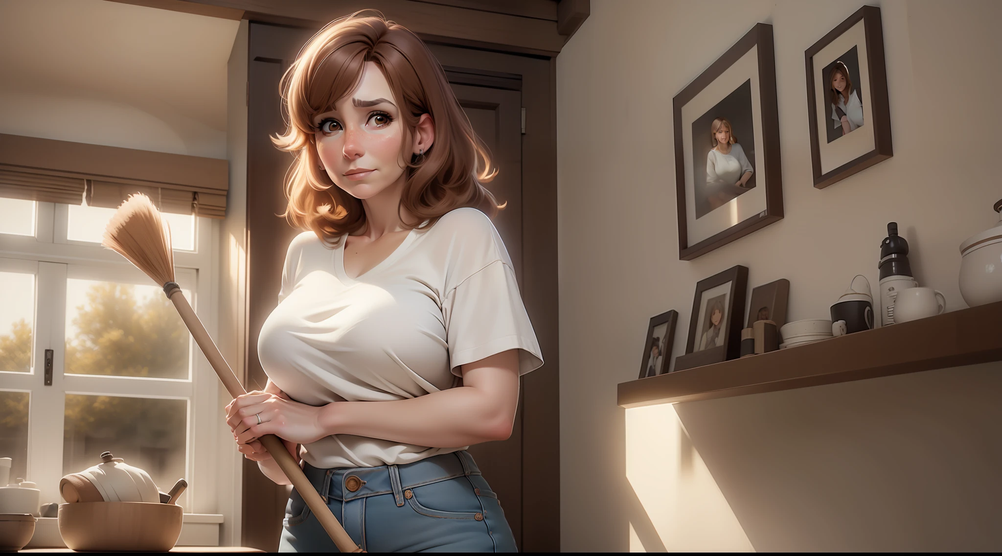 image of Kari Byron, 54 years old, face with expression lines, marked wrinkles, marked dark circles, depressed look, tired face, wearing a white shirt, jeans, (100% brown hair, realistic texture), high quality, realistic skin , Natural Light, daytime, scenery: sweeping the house with a broom in hand