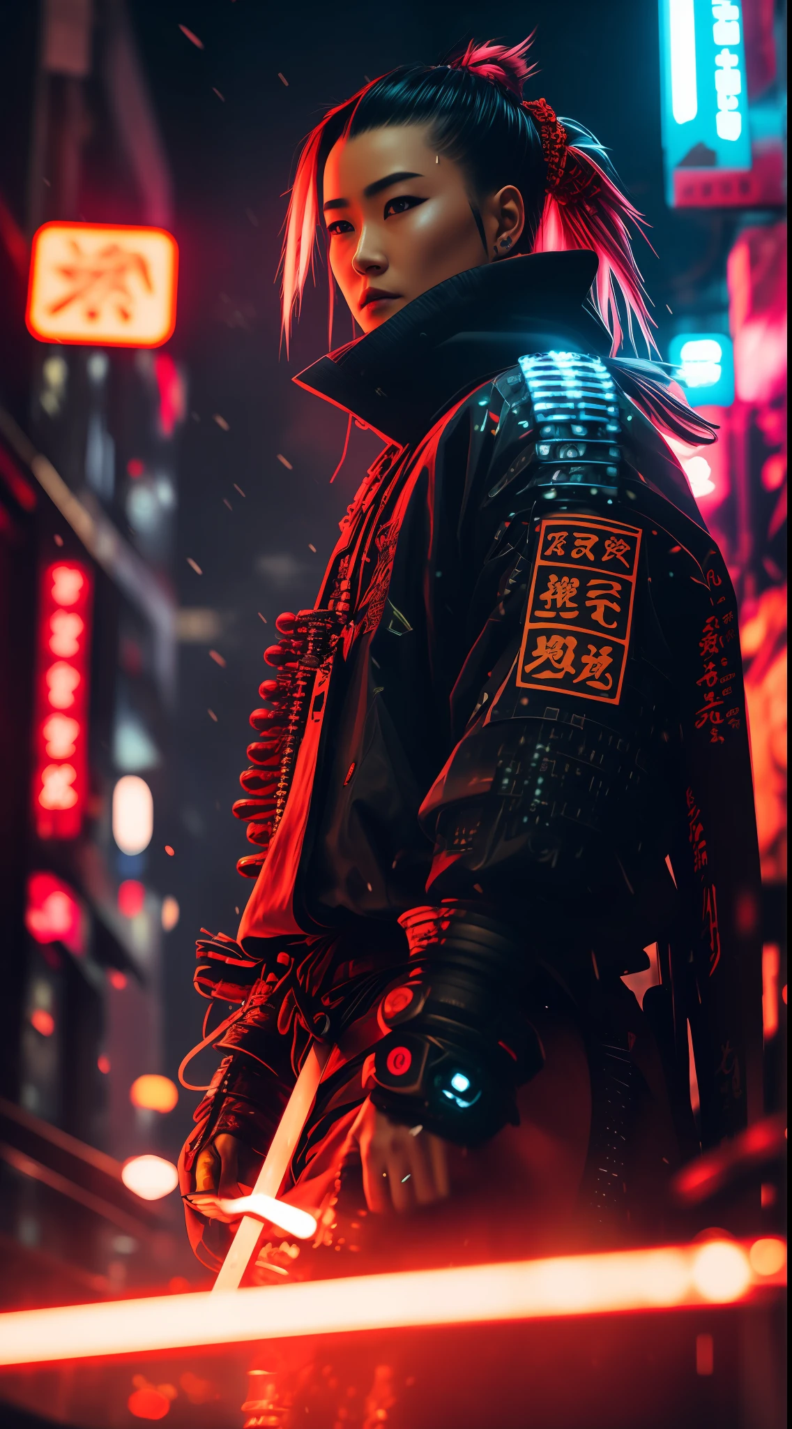 glamour shot of samurai, the Cyberpunk samurai, surrounded by city neon lighting, realistic, realistic, morbide, dark, very detailed, rendered in octane, wet, dense atmospheric, epic, dramatic, empty, creepy, trail cam footage, photorealistic, hyperornate details, photographed by Irakli Nadar and Reylia Slaby, bokeh, particuls, ultra detail