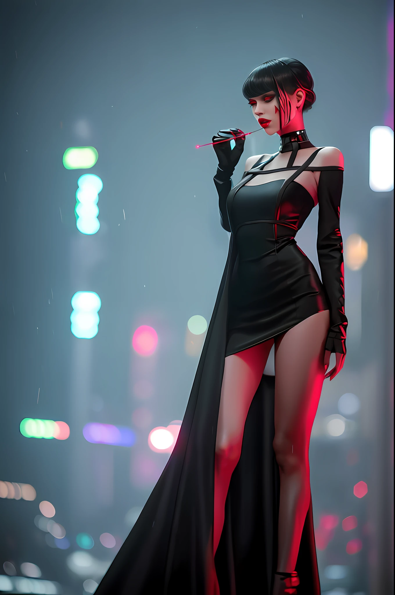 Black dress,long leges,exposing thighs,Long sleeves, Bangs separated, lips parted, Redlip,black long dress,cyber punk perssonage,Background rainy night in neon flashing cyberpunk city,Red eyes,Holding a long silver needle in your hand,Blood splattered in the air,Blood stains on the body,