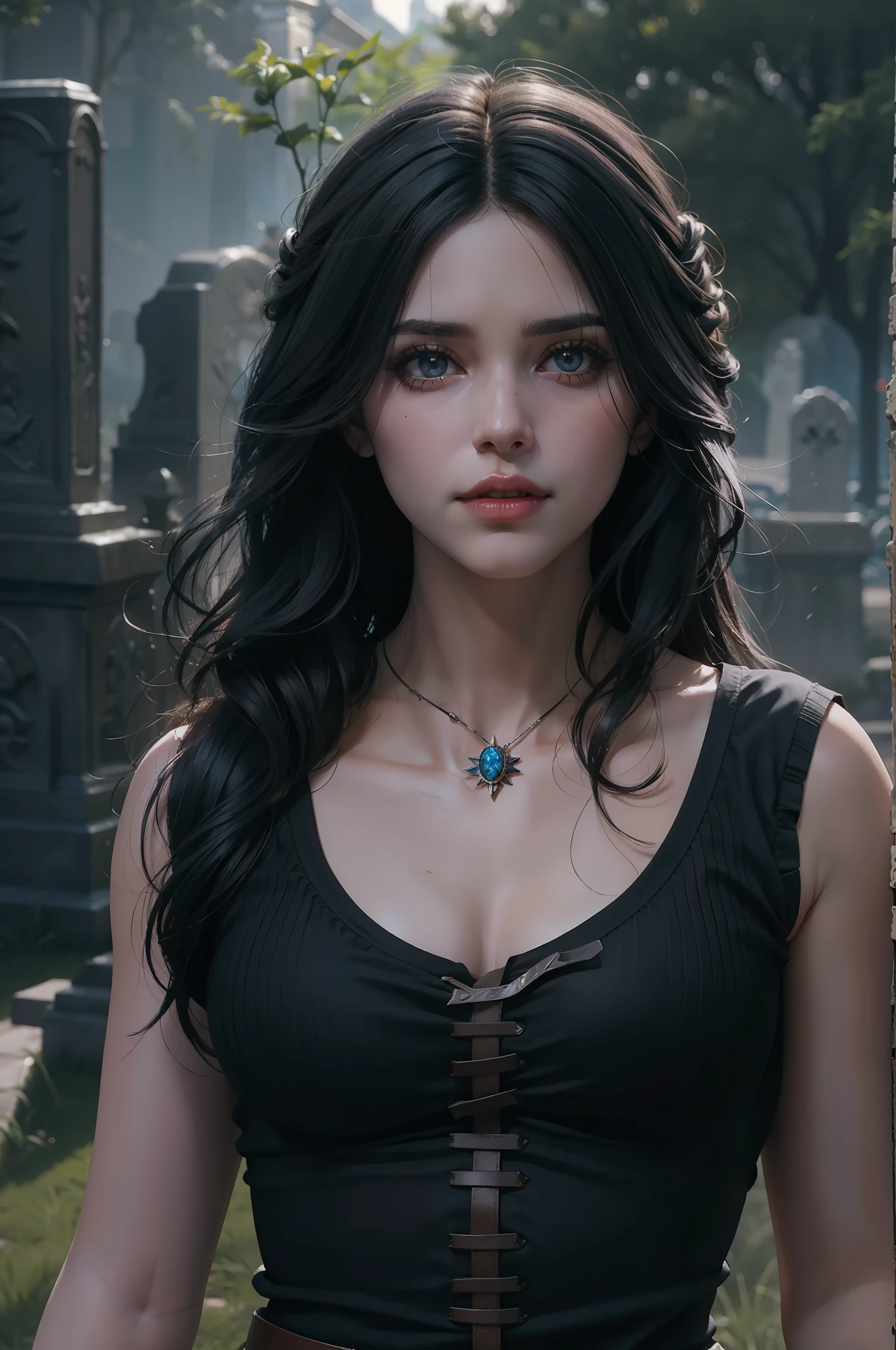 Mulher bonita que lembra Yennefer de The Witcher com longos cabelos pretos e olhos violetas brilhantes, obra prima, ultra qualidade, 8k, cabelos caindo sobre seus ombros, in the background a cemetery, She's wearing a tank top.
