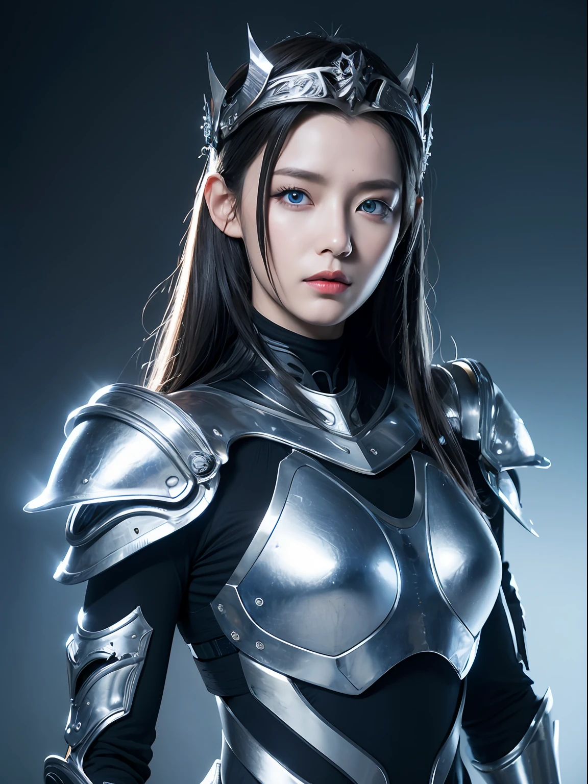 Masterpiece, Best quality, high resolution, 8K, Portrait, Realistic photo,（ Combine clothing with Korean fashion design），Digital photography, full bodyesbian, 1 16-year-old girl, (Cyborg), Beautiful blue-gray gradient long hair, Blue eyes, Intricate, elegant, Highly detailed, The crown of evil, Black dress, ,Silver metal exoskeleton armor, Intricate knightly hollow armor,power armour, Openwork design, mechanical structure, Photo pose, Solemn,, Red lips, From the movie《Final Fantasy XV》.Metallic texture, oc rendered，Reflective texture, ((Clothing cutting)), ((Set against the backdrop of the castle and the huge Moster))