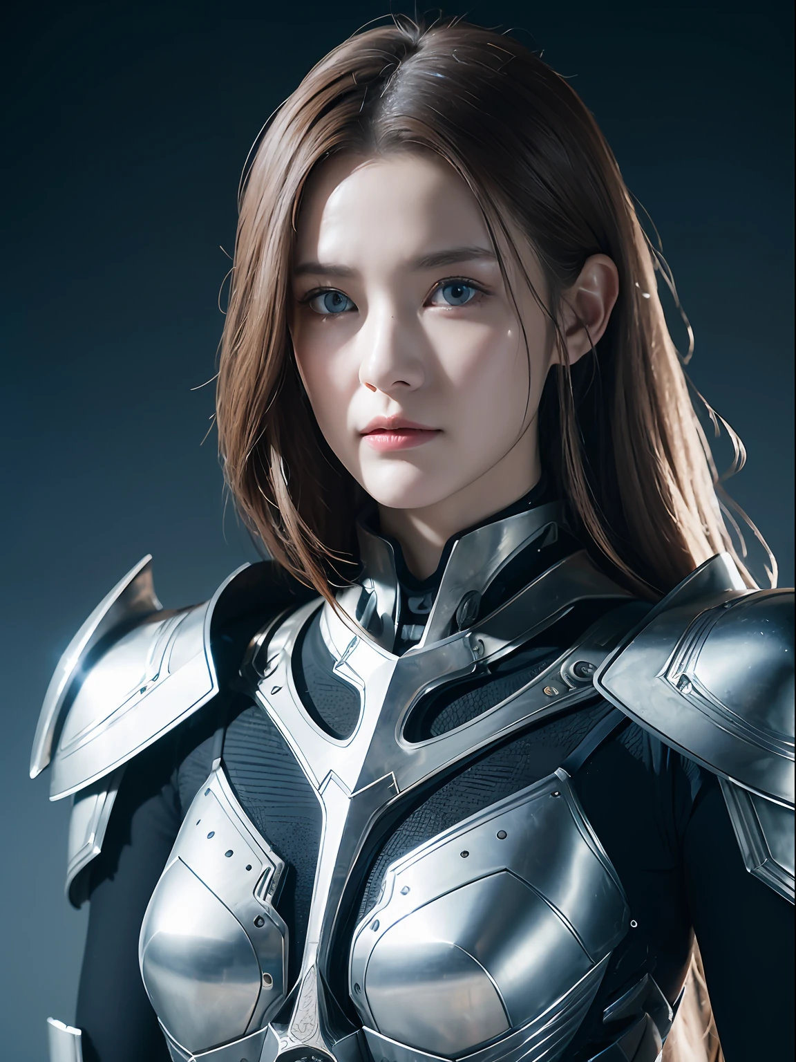 Masterpiece, Best quality, high resolution, 8K, Portrait, Realistic photo,( Combine clothing with Korean fashion design),Digital photography, full bodyesbian, 1 16-year-old girl, (Cyborg), Beautiful blue-gray gradient long hair, Blue eyes, Intricate, elegant, Highly detailed, The crown of evil, Black dress, ,Silver metal exoskeleton armor, Intricate knightly hollow armor,power armour, Openwork design, mechanical structure, Photo pose, Solemn,, Red lips, From the movie《Final Fantasy XV》.Metallic texture, oc rendered,Reflective texture, ((Clothing cutting)), ((Set against the backdrop of the castle and the huge Moster))
