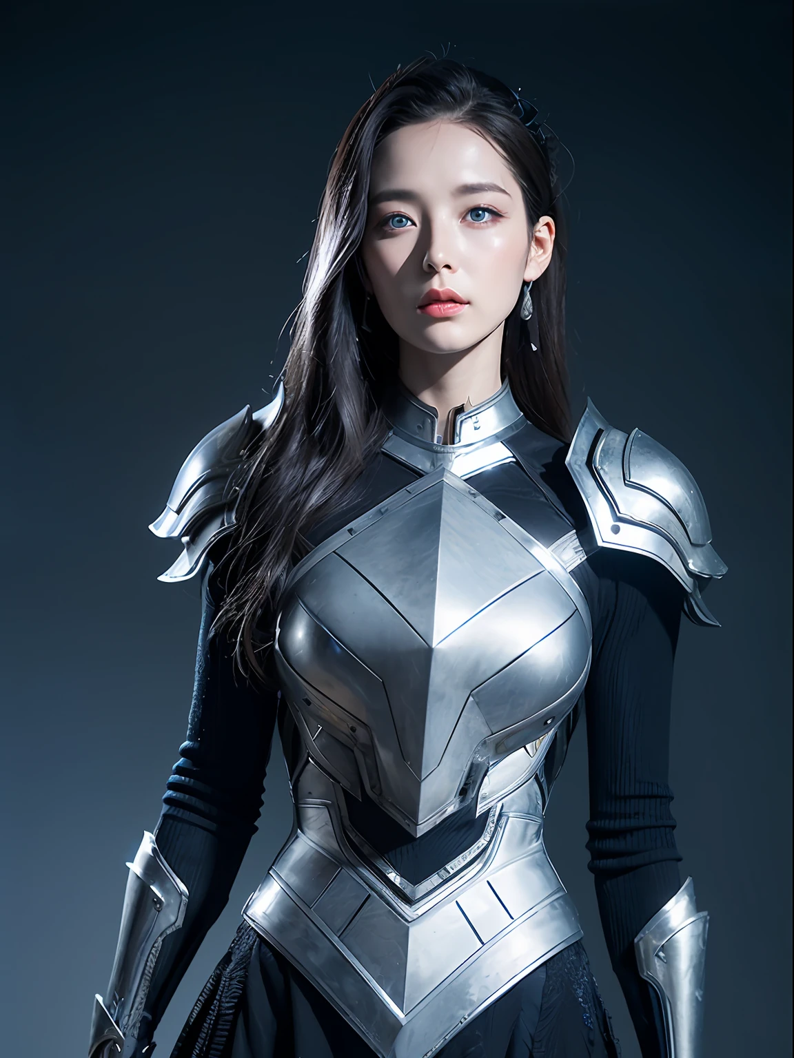 Masterpiece, Best quality, high resolution, 8K, Portrait, Realistic photo,( Combine clothing with Korean fashion design),Digital photography, full bodyesbian, 1 -yeld gi (Cyborg), Beautiful blue-gray gradient long hair, Blue eyes, Intricate, elegant, Highly detailed, The crown of evil, Black dress, ,Silver metal exoskeleton armor, Intricate knightly hollow armor,power armour, Openwork design, mechanical structure, Photo pose, Solemn,, Red lips, From the movie《Final Fantasy XV》.Metallic texture, oc rendered,Reflective texture, ((Clothing cutting)), ((Set against the backdrop of the castle and the huge Moster))