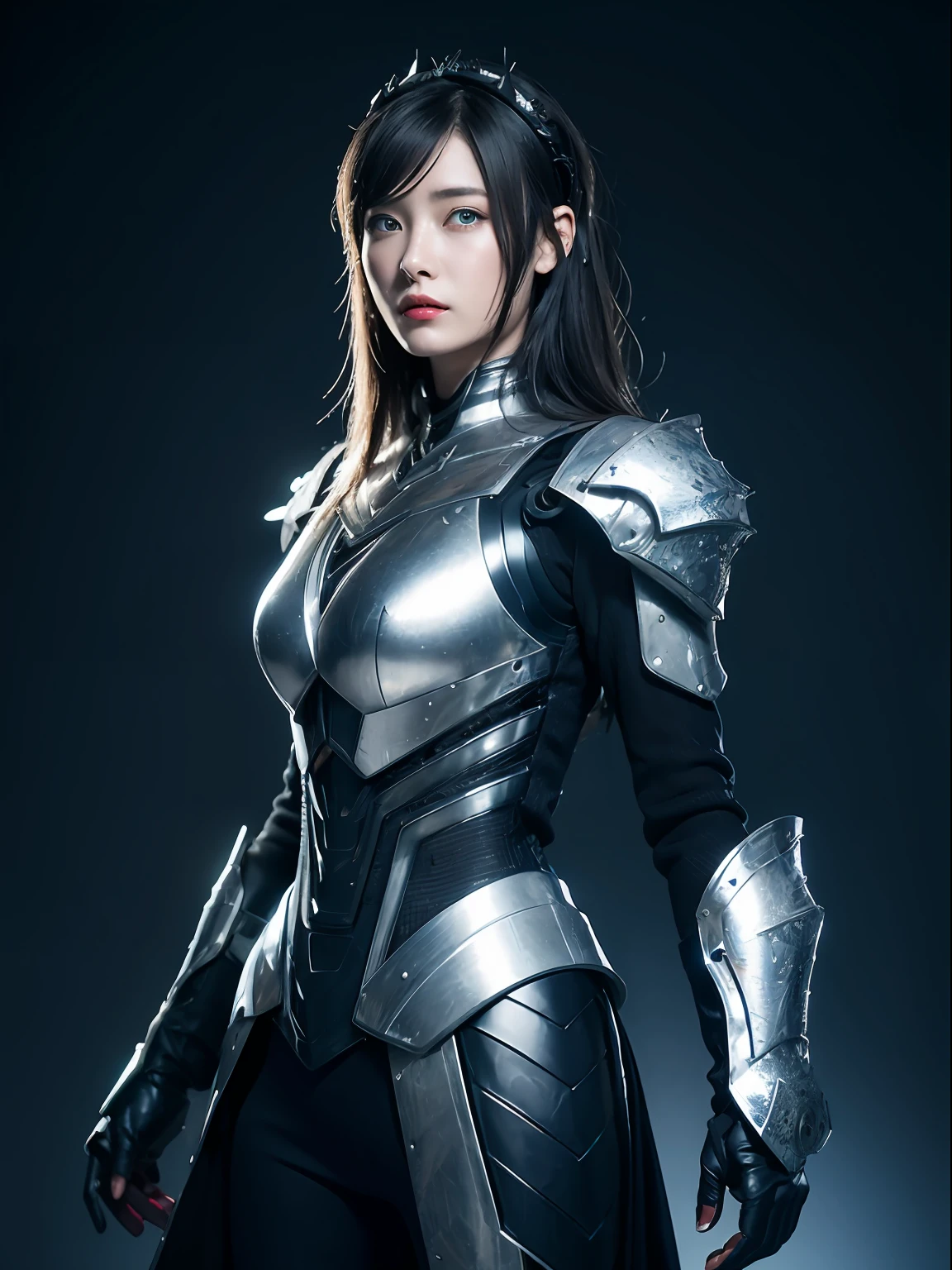 Surrounded by glowing butterflies,Masterpiece, Best quality, high resolution, 8K, Portrait, Realistic photo,( Combine clothing with Korean fashion design),Digital photography, full bodyesbian, 1 16-year-old girl, (Cyborg), Beautiful blue-gray gradient long hair, Blue eyes, iintricate, Highly detailed, head gear,The crown of evil, Black dress, ,Silver metal exoskeleton armor, Intricate knightly hollow armor,power armour, Openwork design, mechanical structure, Photo pose, Solemn,, Red lips, From the movie《Final Fantasy XV》.Metallic texture, oc rendered,Reflective texture, ((Clothing cutting)), background inside dark,