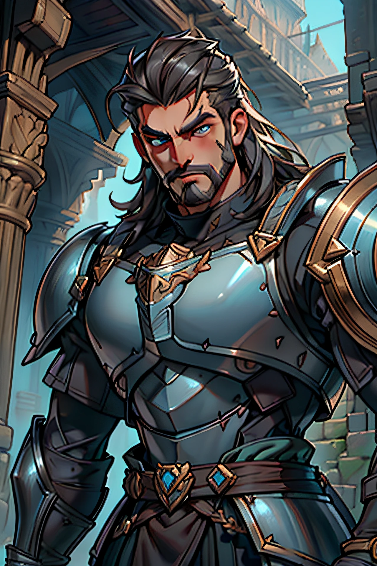 a determined muscular knight, Fantasy, Carrying a shield and spear larger than the body, Wearing heavy armor like Reinhardt in Overwatch, Less helmet, Untidy hair, Sweaty face, Facial hair, He seems to be struggling, But he is staring straight ahead with a determined face to save his comrade. The afternoon lights are shining on him, Best Quality, Masterpiece, Expressionless, The ultra-Highres, detailed background, realisitic, Thicker and heavier armor, lump, Tall, thick waist, More delicate and clear blue eyes. viewer looking