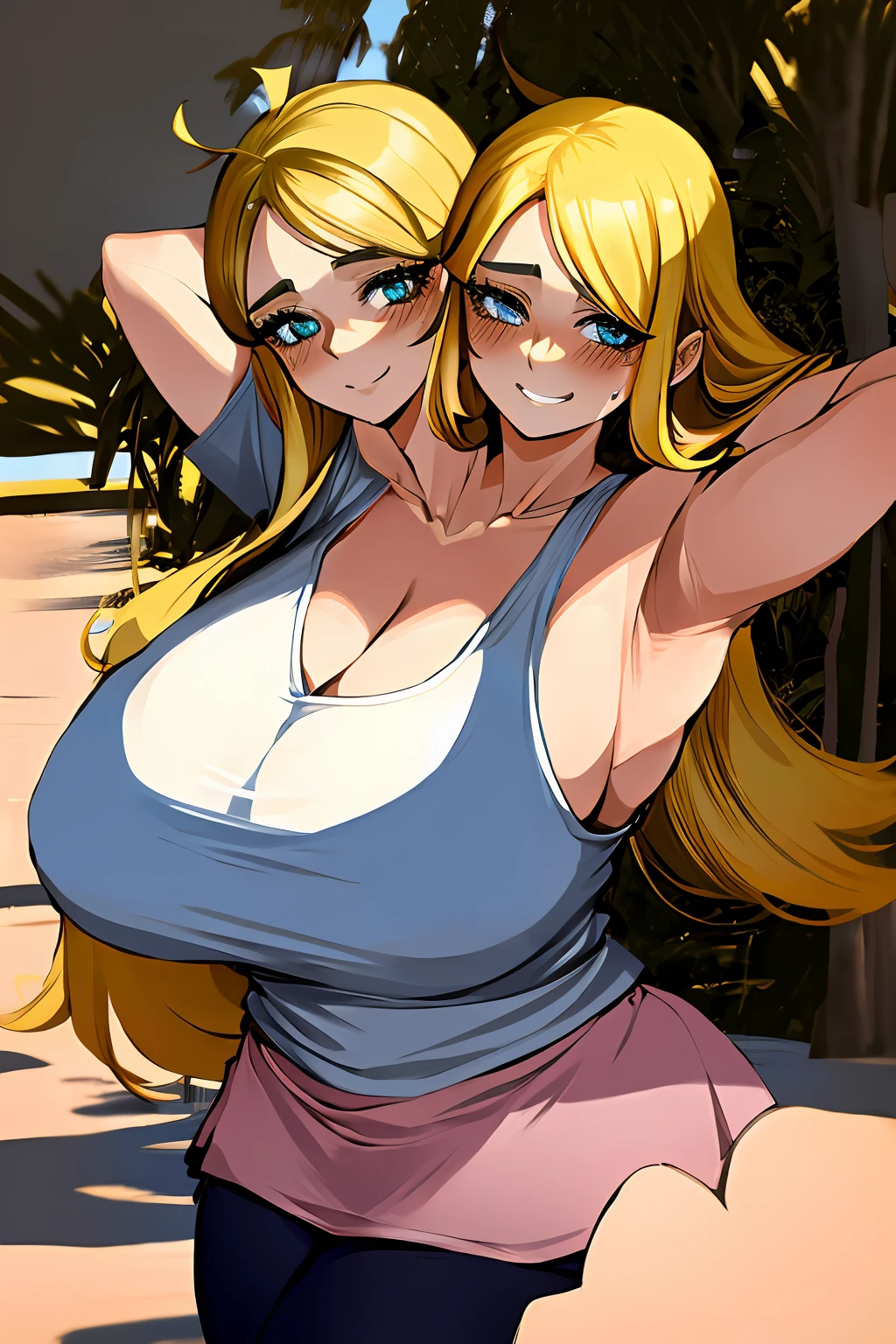 2heads, a short chubby woman with 2 heads. She has enormous breasts. She is inside a living room. She is wearing a tight colorful tank top and leggings. She has gigantic breasts. She has long blonde hair. She is sweating. She looks exhausted. She is smiling. She is blushing. She has enormous breasts. Her breasts are very circular and round.