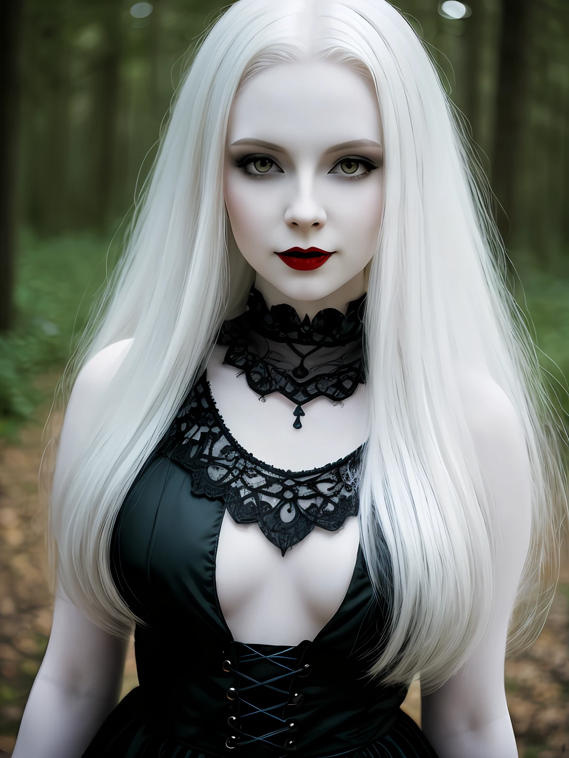 female vampire|albino,pale porcelain skin, vintage black dress, smile, shallow depth of field, sadistic, nightfall, detailed face, night,wide hips,narrow waist,portrait of woman standing,detailed eyes, portrait of woman standing,8k RAW photo, highest quality, (looking at the viewer:1.3), best shadow, intricate details, (bold hair:1.3),(bright eyes),forest, grave,gothic,goth
