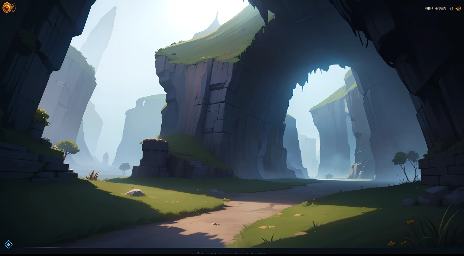 background art, 2D design of the game environment, Cave background, Concept art of an indie game, 2D game art background, deep environment, background illustration, 2D game graphics, 2D art games, Detailed game graphics, Cave setting, detailed digital 2d fantasy art, Game Environment Design, 2D game background for a platform game, 2D game background with 4 plans, 1st plan is black and blurry, The 1st plan includes bushes and stones, 2nd plan, clear, detailed, traced;, The 3rd plan is slightly blurred with an aerial perspective.