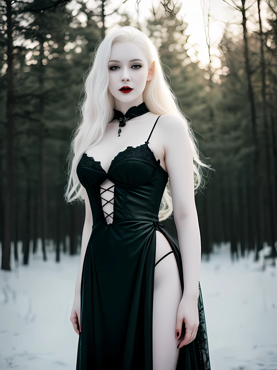 female vampire|albino,pale porcelain skin, vintage black dress, smile, shallow depth of field, sadistic, nightfall, detailed face, night,wide hips,narrow waist,portrait of woman standing,detailed eyes, portrait of woman standing,8k RAW photo, highest quality, (looking at the viewer:1.3), best shadow, intricate details, (bold hair:1.3),(bright eyes),forest, grave,gothic,goth