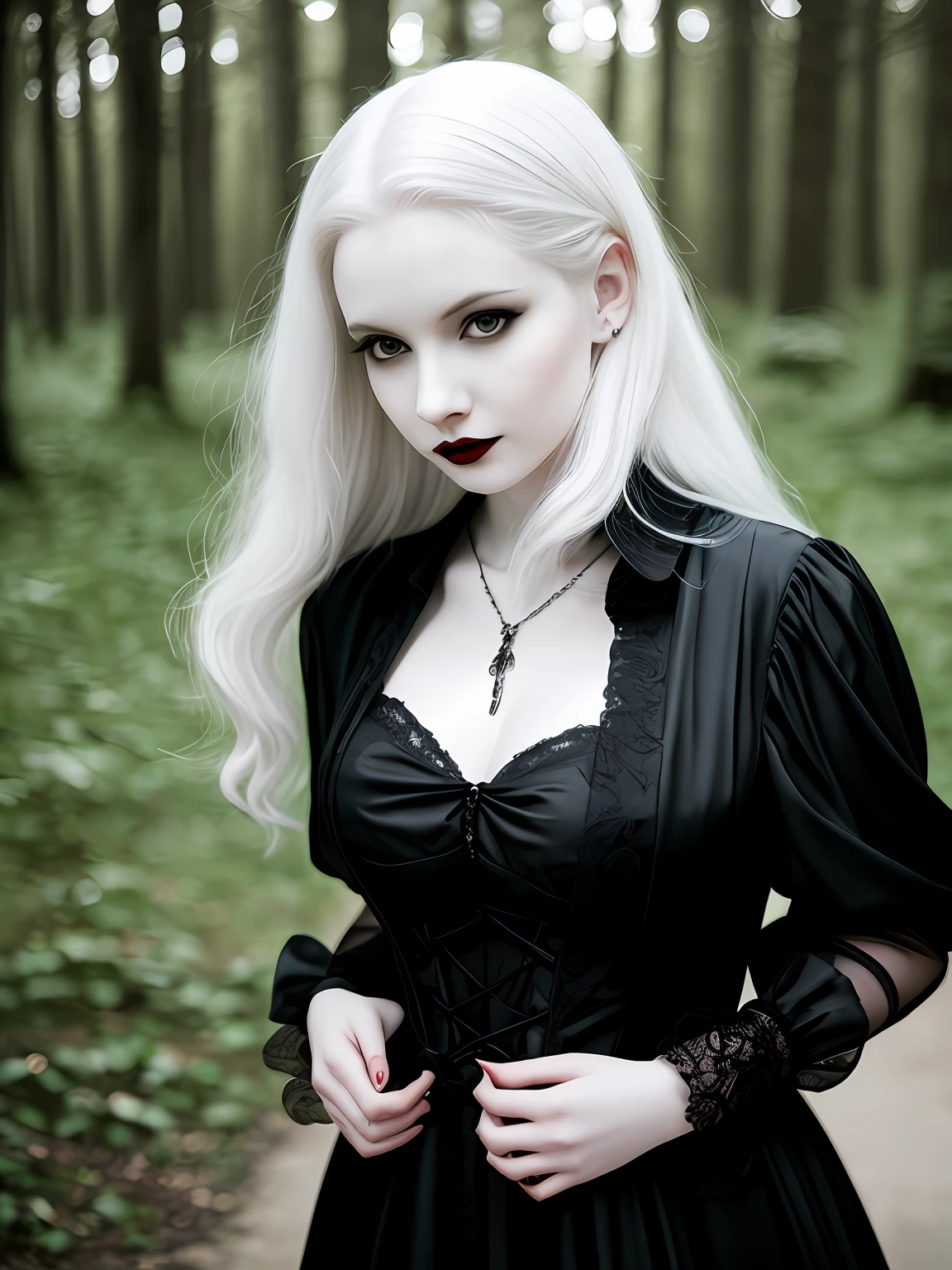 female vampire|albino,pale porcelain skin, vintage black dress, smile, shallow depth of field, sadistic, nightfall, detailed face, night,wide hips,narrow waist,portrait of woman standing,detailed eyes, portrait of woman standing,8k RAW photo, highest quality, (looking at the viewer:1.3), best shadow, intricate details, (bold hair:1.3),(bright eyes),forest, grave,gothic,goth