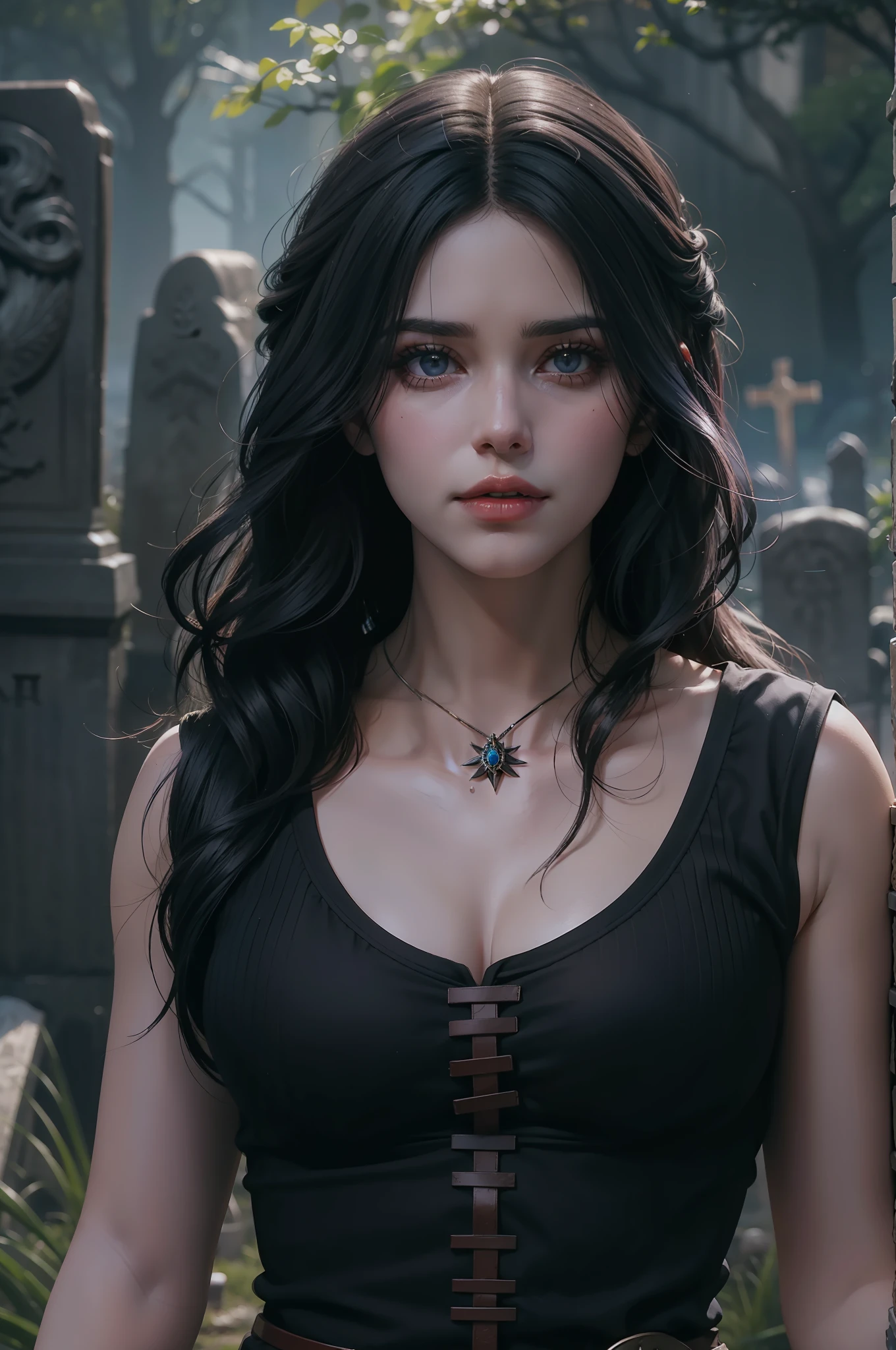 Mulher bonita que lembra Yennefer de The Witcher com longos cabelos pretos e olhos violetas brilhantes, obra prima, ultra qualidade, 8k, cabelos caindo sobre seus ombros, in the background a cemetery, She's wearing a tank top.