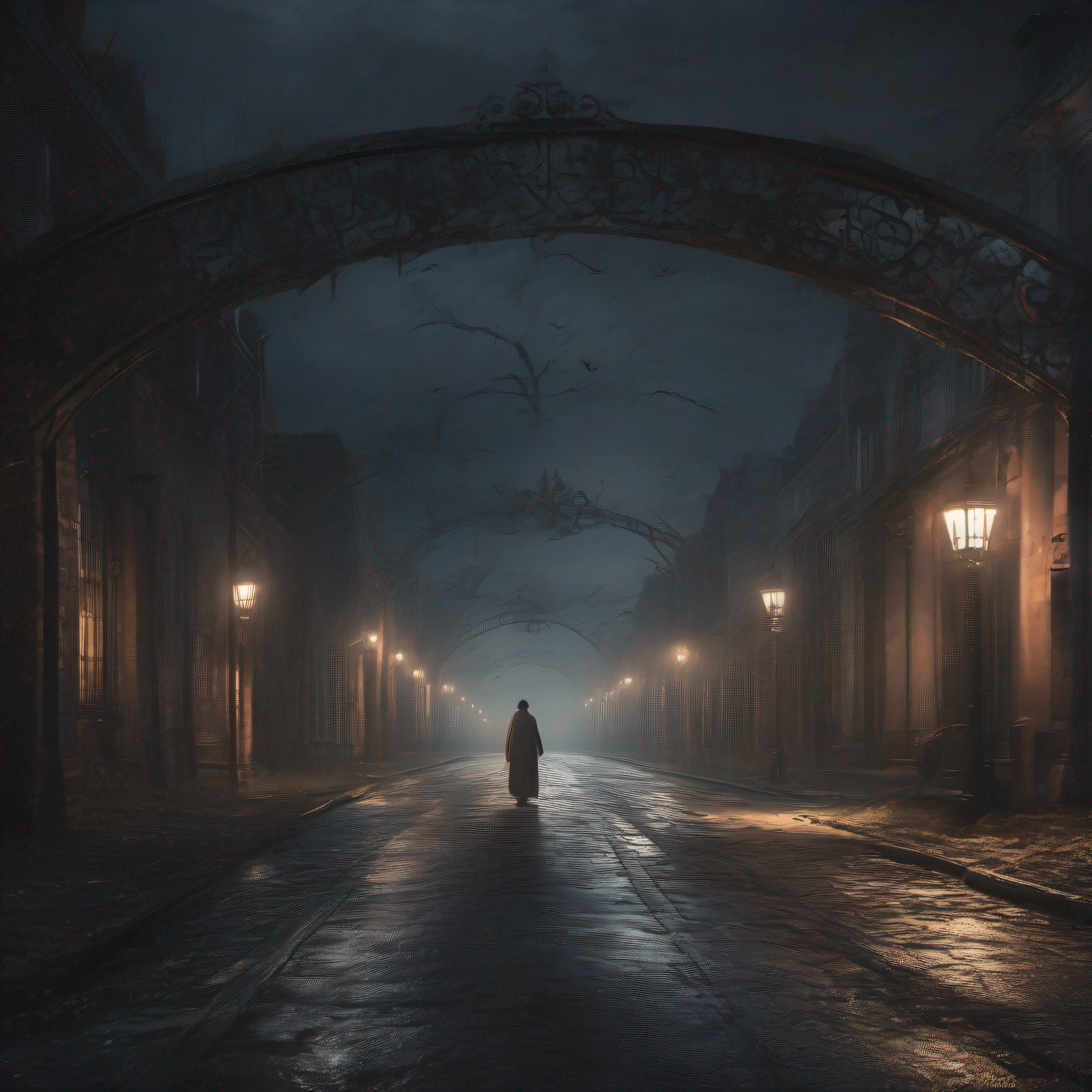 "the great terror", dark and ominous atmosphere, haunting shadows, chilling suspense, intense fear, mysterious figures lurking, eerie silence, spine-chilling soundtrack, heart-pounding moments