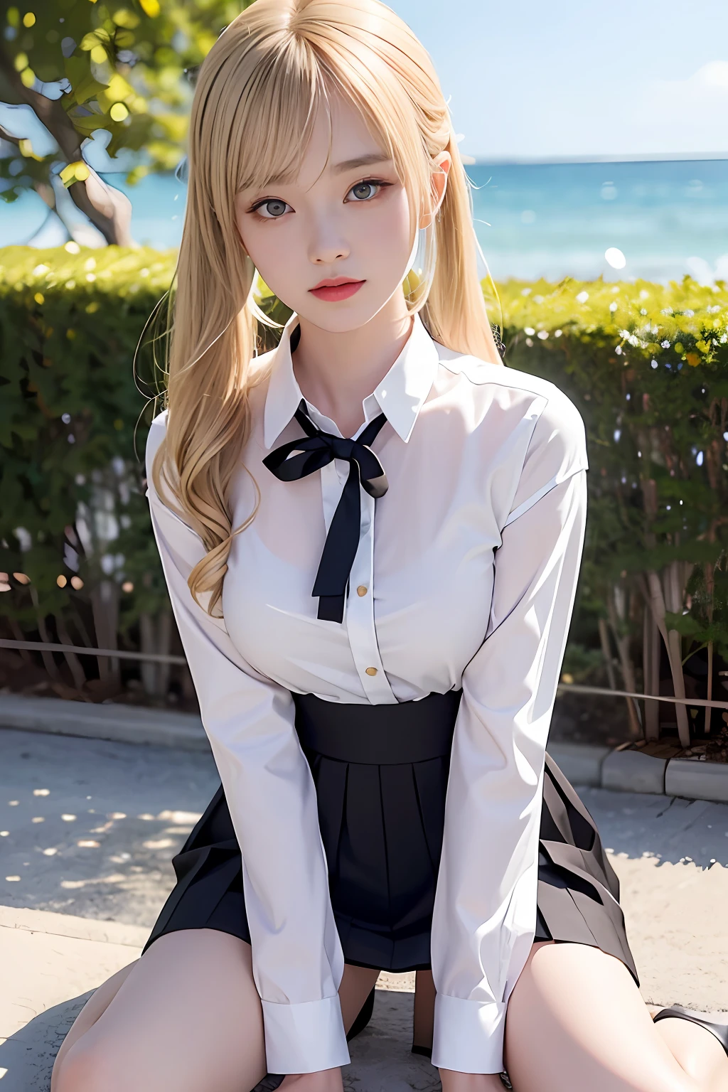 Black pleated skirt、white shirt、neck tie、Photorealsitic, hight resolution, 1 rapariga, A dark-haired, Korea person, Heterochromia eyes, small moles under eyes, 校服, High School Costumes,large full breasts, a blond、(Blonde mesh)、Beach、plein air、yes、all-fours、poneyTail、pier、Blunt bangs