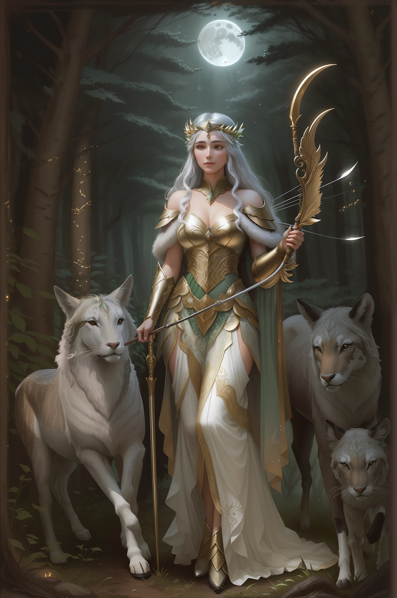 A deeply detailed portrayal of Artemis, the moon goddess and the protector of the hunt, wild animals, and chastity. She is depicted as a vibrant, agile figure moving through a dense, moonlit forest, her silver bow in hand ready to strike. Her quiver is filled with celestial arrows. On her shoulder, a crescent moon emblem glows softly. Surrounding her are various woodland creatures, showcasing her dominion over the wild. Her gaze is focused, and she wears a short tunic, allowing her the freedom of movement. The forest around her is abundant with life, its flora and fauna illuminated by the soft moonlight. Detailed, semi-realistic digital art, mystical, serene ambience