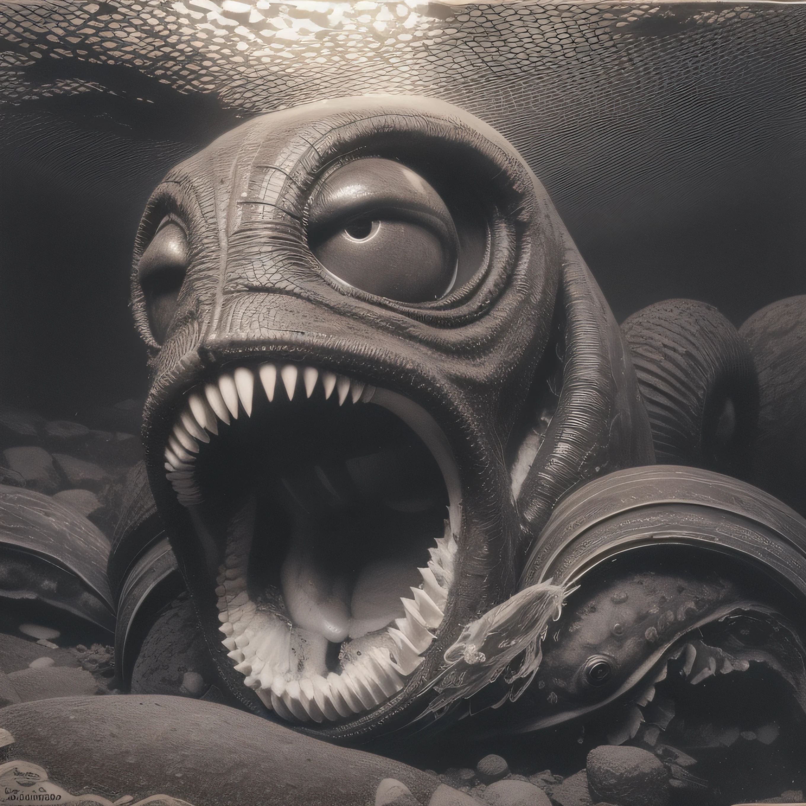 (extremadamente detallado, obra maestra, La mejor calidad), Estilo oscuro, intense illumination, rostro con arrugas, lengua larga, tentacle, deforme, monstruoso, interior de una piscina de agua verdosa, imagen submarina, alien con Colmillos finos, pico de pulpo amenazante. manchas de tinta. Rococo composition. Luz de caravaggio