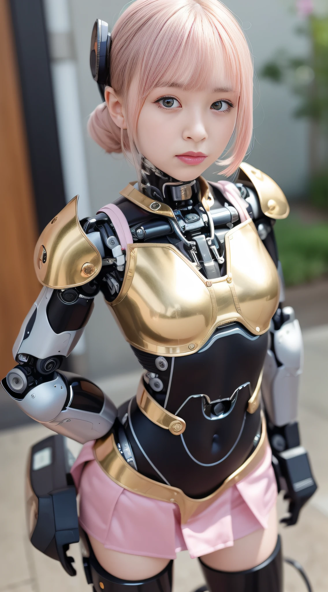 (Photorealsitic:1.4)、Onegirl、(top-quality),(hyperdetailed face)、(Super well-formed face)、((Robot Parts))、(Cyborg girl)、(metalic)、(fullllbody)、(sexy  pose)、(Slender body)、(Model body type)、(full body mech)、(akihabara)、(is looking at the camera)、(A dark-haired)、(９Head and body)、(a small face)、(Idol)、(front facing)、(Standing with legs open)、(Hands on hips)、(Photo session)、(Looks sad)、(Cyborg girl in pale pink satin dress)、(Golden button)、(sleeve less)、(a miniskirt)