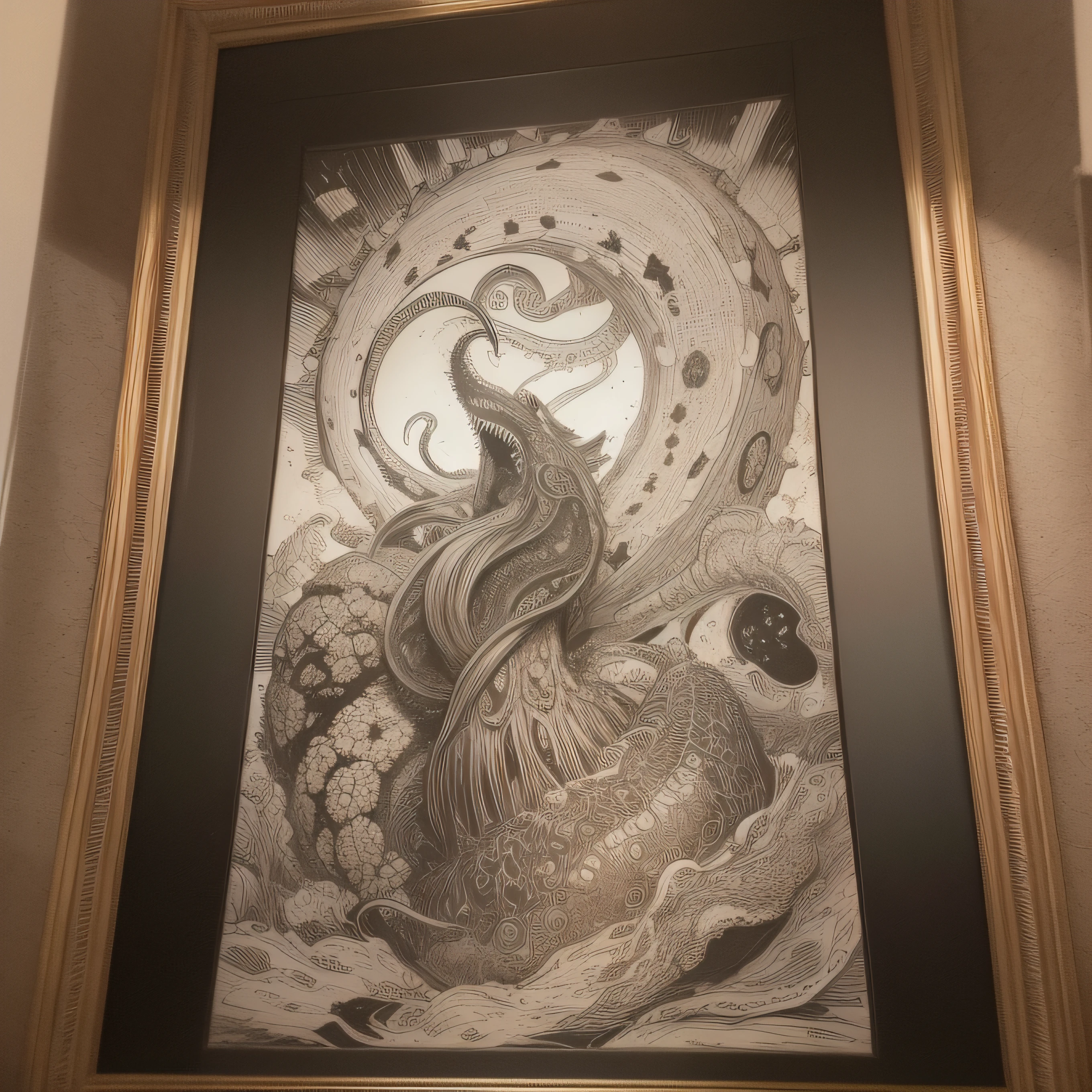 (extremadamente detallado, obra maestra, La mejor calidad), Estilo oscuro, intense illumination, rostro con arrugas, lengua larga, tentacle, deforme, monstruoso, interior de una piscina de agua verdosa, imagen submarina, alien con Colmillos finos, pico de pulpo amenazante. manchas de tinta. Rococo composition. Luz de caravaggio