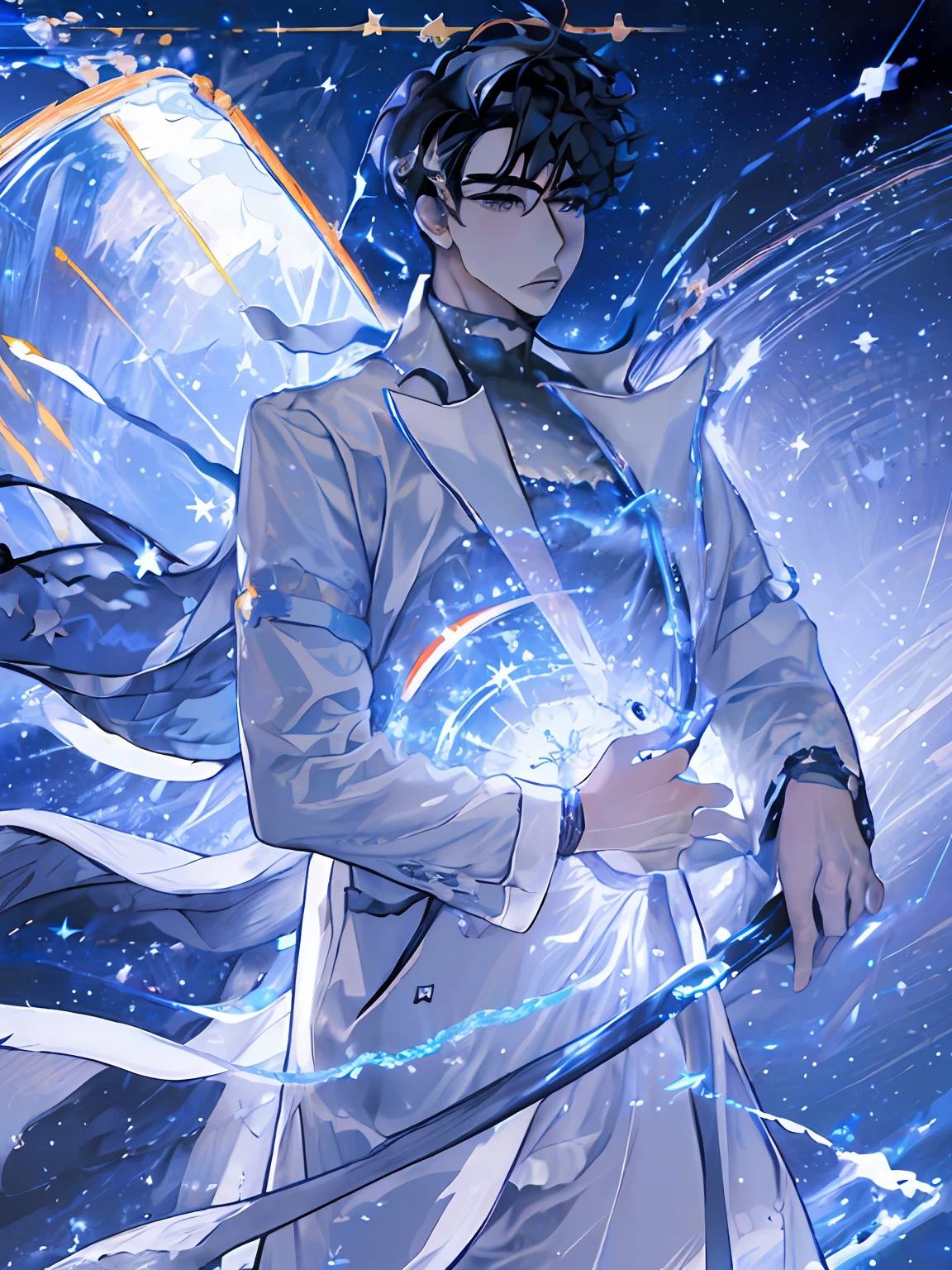 (highres:1.5), highly detailed, (solo:1.5),(masterpiece:1.5),(best quality:1.5), Amazing, extremely detailed wallpaper, an extremely delicate and beautiful, 1 boy, handsome, ((high resolution illustration)), Chinese, sacred, {master}, (short hair, floating hair), (black hair, dark hair), (game cg), (((Clear face))),((Clear eyes)), visible through hair,((black eyes, round eyes)), bangs, (watercolor:0.7), (bright stars, the universe, cosmos, star surround character, outer space, Saturn ring:1.5), tyndall effect, a slight light, raytracing,