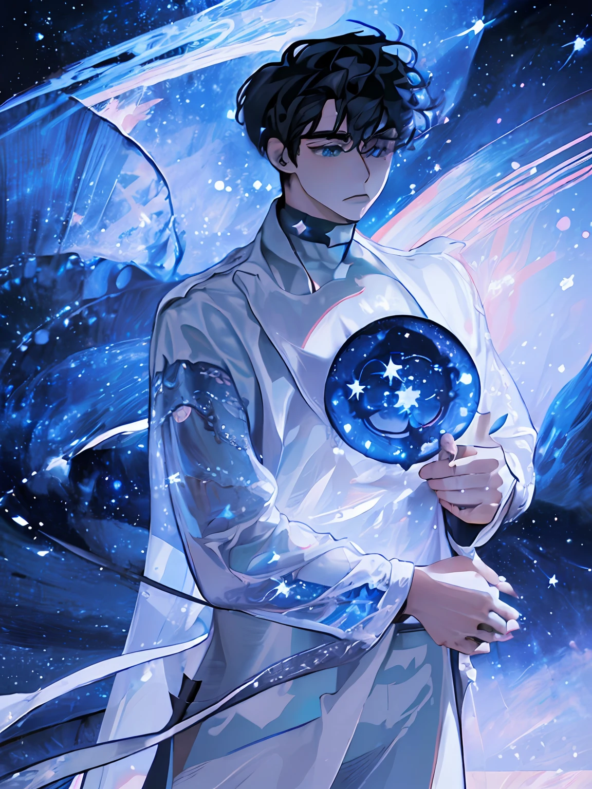 (highres:1.5), highly detailed, (solo:1.5),(masterpiece:1.5),(best quality:1.5), Amazing, extremely detailed wallpaper, an extremely delicate and beautiful, 1 boy, handsome, ((high resolution illustration)), Chinese, sacred, {master}, (short hair, floating hair), (black hair, dark hair), (game cg), (((Clear face))),((Clear eyes)), visible through hair,((black eyes, round eyes)), bangs, (watercolor:0.7), (bright stars, the universe, cosmos, star surround character, outer space, Saturn ring:1.5), tyndall effect, a slight light, raytracing,