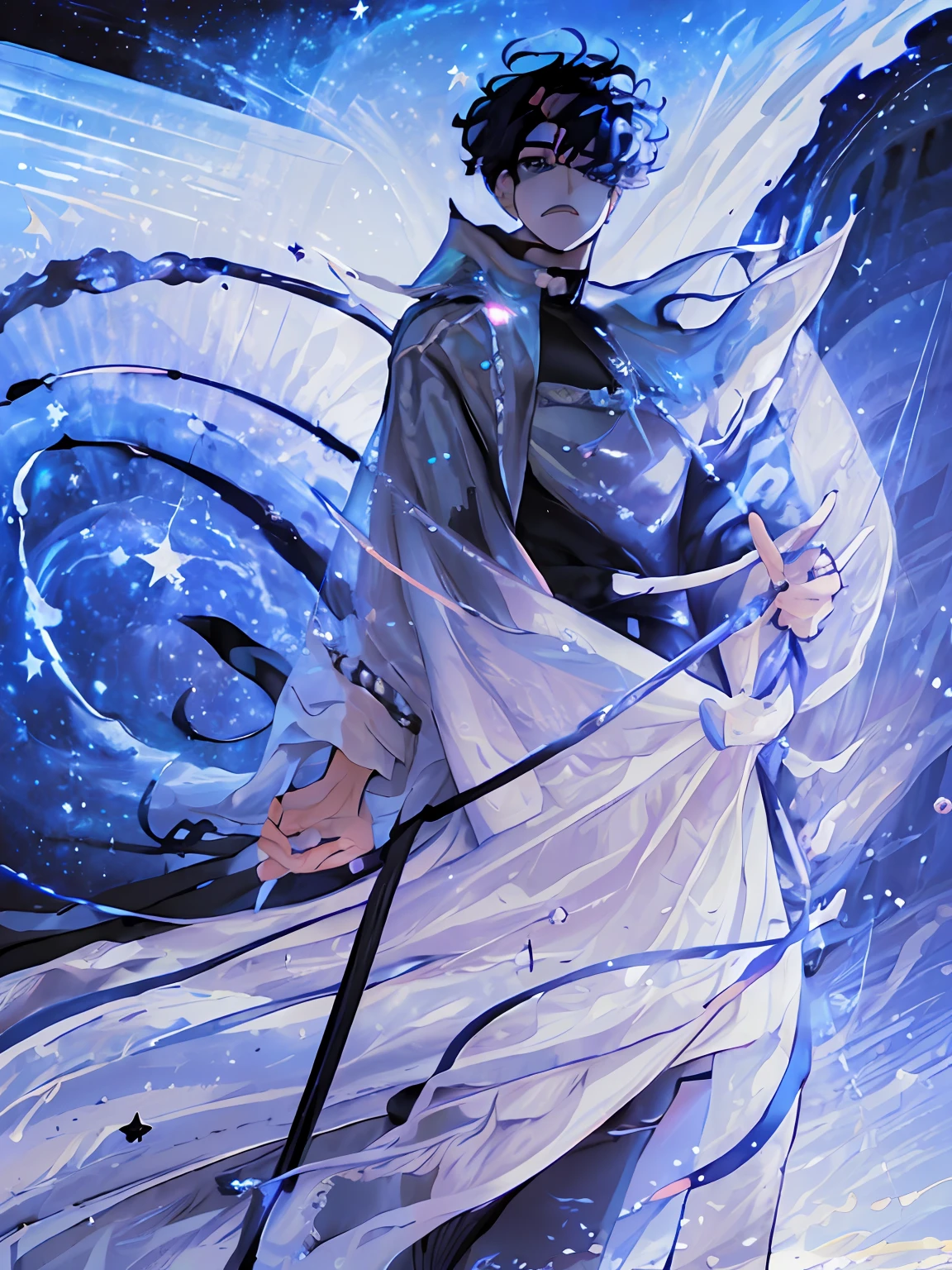 (highres:1.5), highly detailed, (solo:1.5),(masterpiece:1.5),(best quality:1.5), Amazing, extremely detailed wallpaper, an extremely delicate and beautiful, 1 boy, handsome, ((high resolution illustration)), Chinese, sacred, {master}, (short hair, floating hair), (black hair, dark hair), (game cg), (((Clear face))),((Clear eyes)), visible through hair,((black eyes, round eyes)), bangs, (watercolor:0.7), (bright stars, the universe, cosmos, star surround character, outer space, Saturn ring:1.5), tyndall effect, a slight light, raytracing,