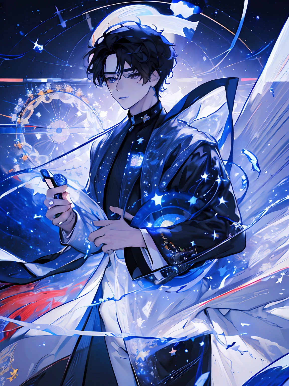 (highres:1.5), highly detailed, (solo:1.5),(masterpiece:1.5),(best quality:1.5), Amazing, extremely detailed wallpaper, an extremely delicate and beautiful, 1 boy, handsome, ((high resolution illustration)), Chinese, sacred, {master}, (short hair, floating hair), (black hair, dark hair), (game cg), (((Clear face))),((Clear eyes)), visible through hair,((black eyes, round eyes)), bangs, (watercolor:0.7), (bright stars, the universe, cosmos, star surround character, outer space, Saturn ring:1.5), tyndall effect, a slight light, raytracing,