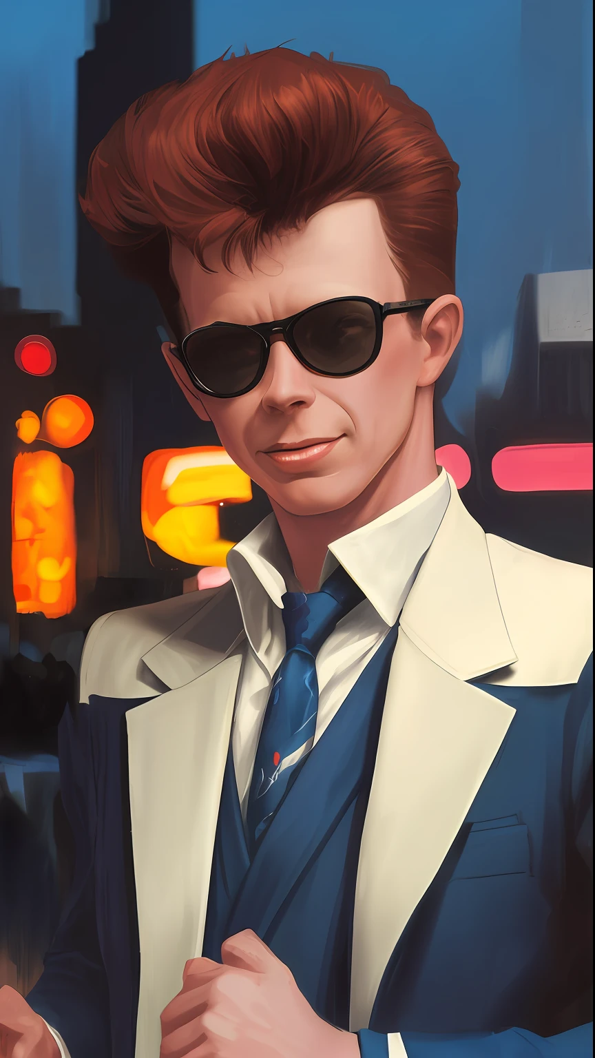 80's rick astley wearing dark blue tuxedo and a fedora hat , action figure, mullet hair, sunglasses, in miami, night, on a openair bar, solo, miami vice style, 80's action flick style, 1boy, digital art, photorealistic, mischeavous look, funny, closed mouth smile, redhead, night, close up, J.C. Leyendecker style