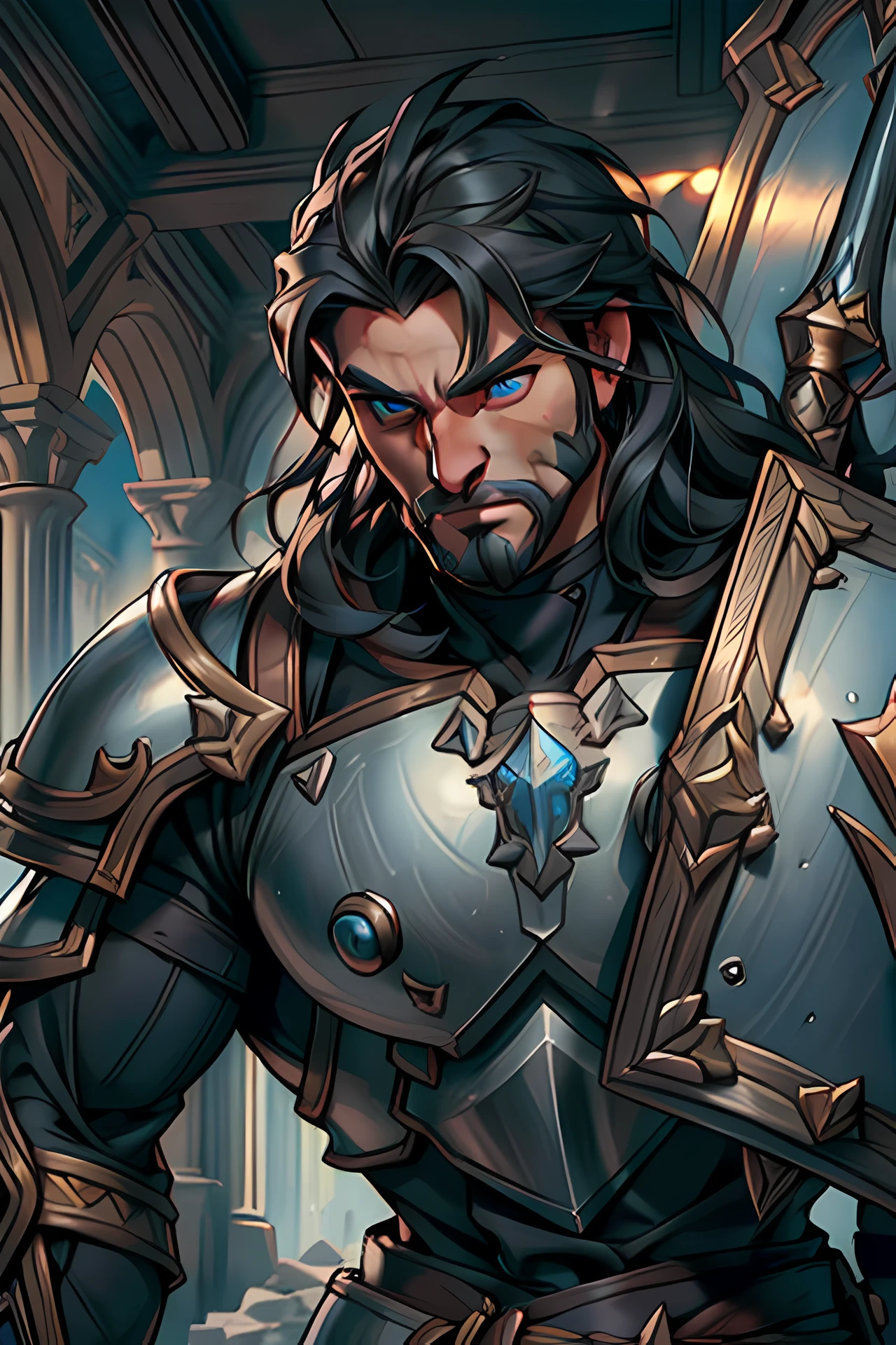 a determined muscular knight, Fantasy, Carrying a shield and spear larger than the body, Wearing heavy armor like Reinhardt in Overwatch, Less helmet, Untidy hair, Sweaty face, Facial hair, He seems to be struggling, But he is staring straight ahead with a determined face to save his comrade. The afternoon lights are shining on him, Thicker and heavier armor, lump, Tall, thick waist, More delicate and clear blue eyes. viewer looking, Best Quality, Masterpiece, Expressionless, The ultra-Highres, detailed background, realisitic, epic realistic