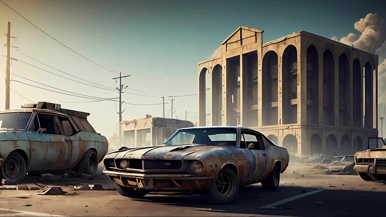 ((best quality)), ((masterpiece)), ((realistic)), (detailed), abandoned wasted city, rusty muscle car standing on a street, everything covered with dust, postapocalyptic, ((close shot, 35 mm)), realism, exploration, cinematic, realistic, octane render, unreal engine, hyper detailed, volumetric light, moody cinematic epic concept art, realistic matte painting, concept art, insanely detailed, , ((masterpiece)), absurdres, HDR