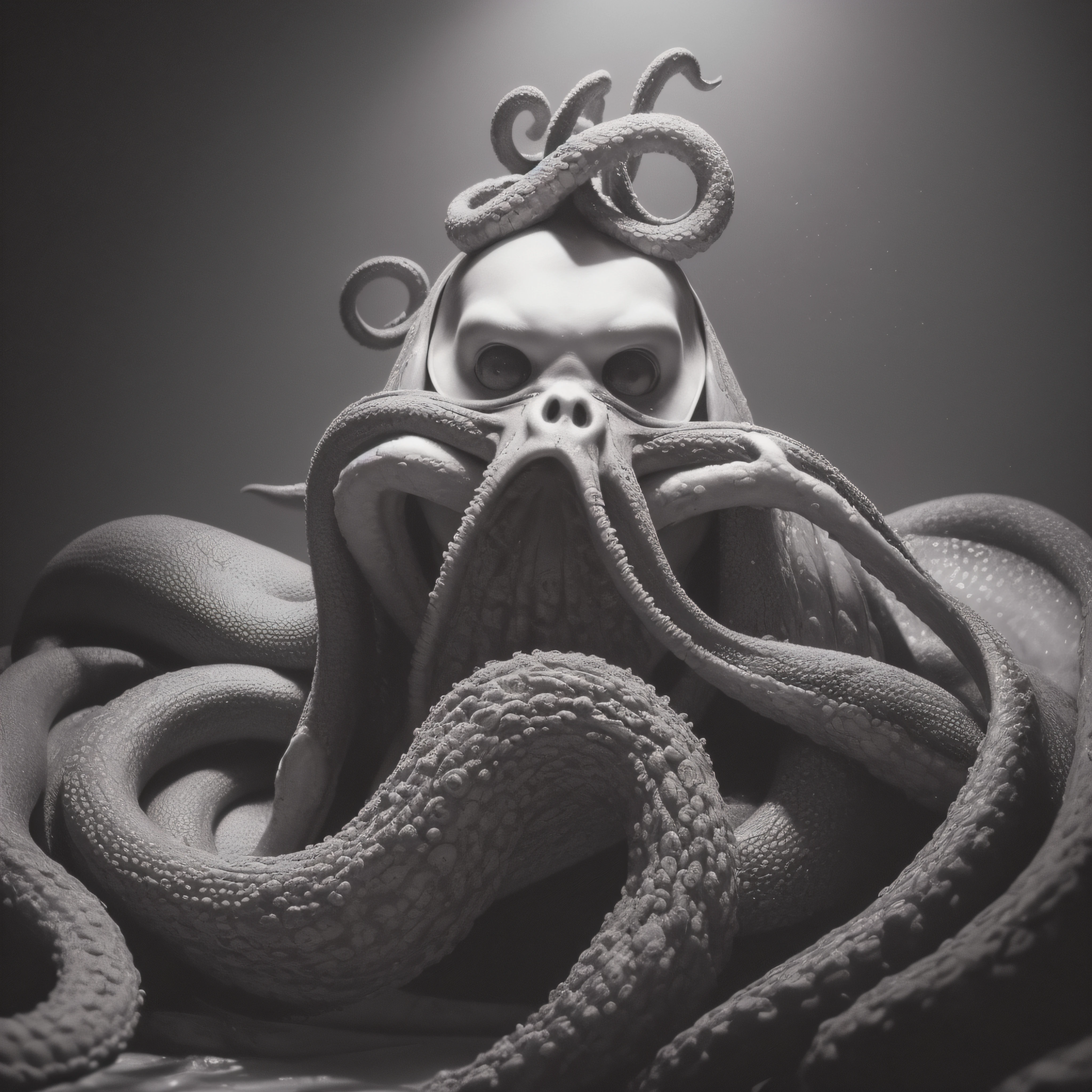 (extremadamente detallado, obra maestra, La mejor calidad), Estilo oscuro, intense illumination, rostro con arrugas, lengua larga, tentacle, deforme, monstruoso, interior de una piscina de agua verdosa, imagen submarina, alien con Colmillos finos, pico de pulpo amenazante. manchas de tinta. Rococo composition. Luz de caravaggio
