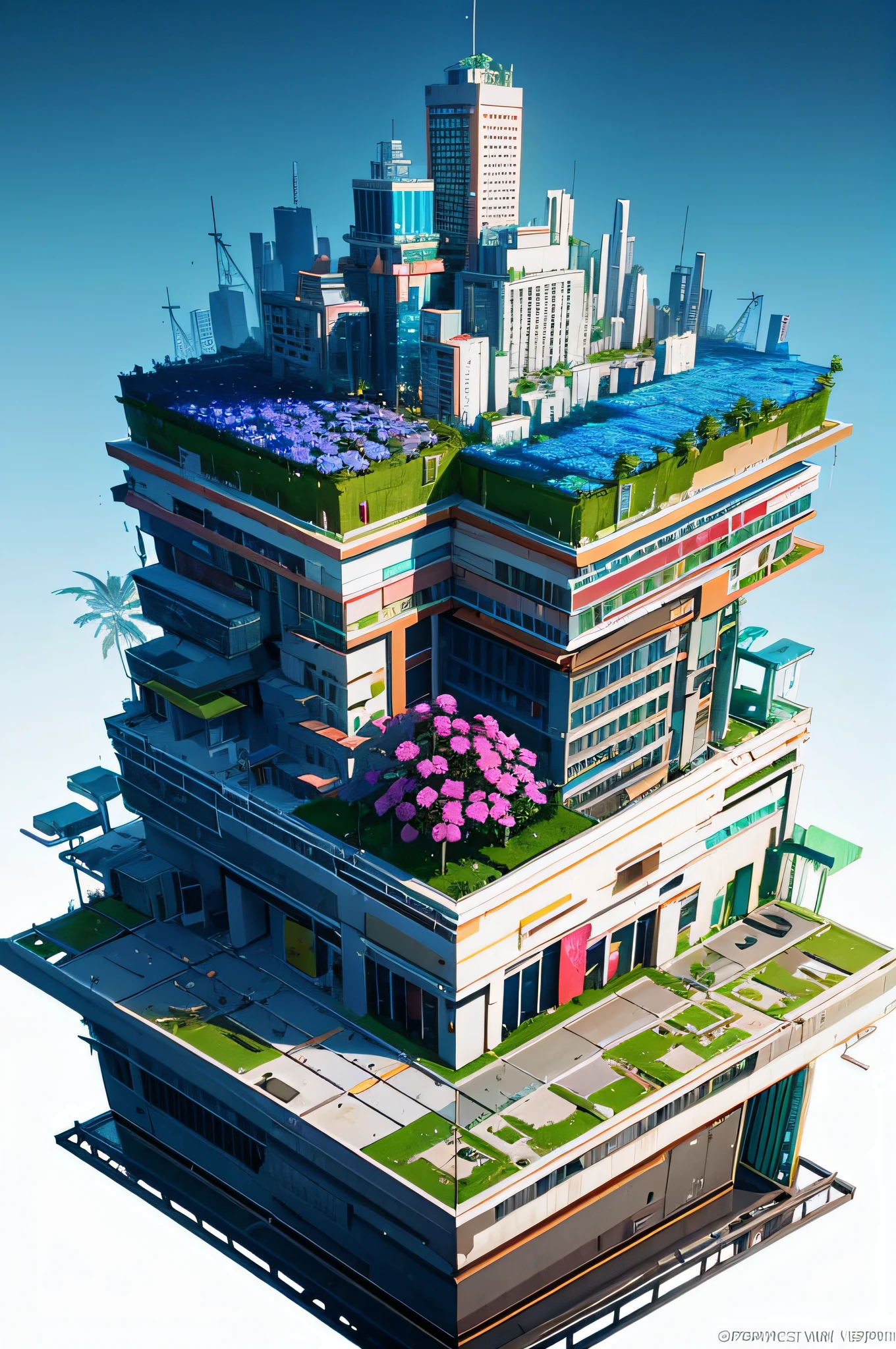 dskise, (isometric) , (flower), (vaporwave), isometric cutaway of a crystalized dilapidated city, cityscape, volumetric lighting ,FXAA, Chromatic Aberration, Concept Art, 8k Concept Art, Greg Rutowski, (unreal engine), octane render, dskise
