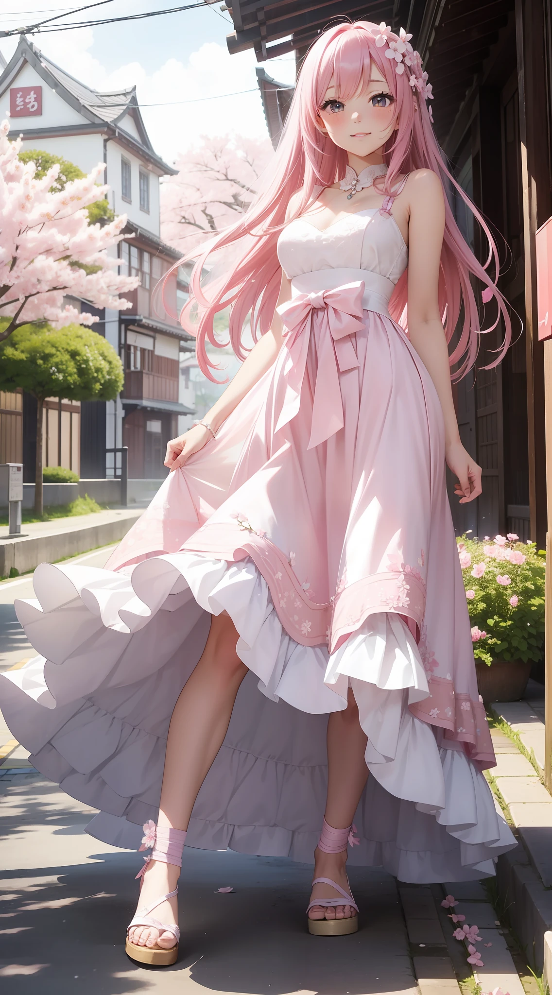 Beautiful skins、beautiful foot、wedding dress、Walking、、Pink hair、A path lined with flourishing cherry blossom trees、Sakura blizzard