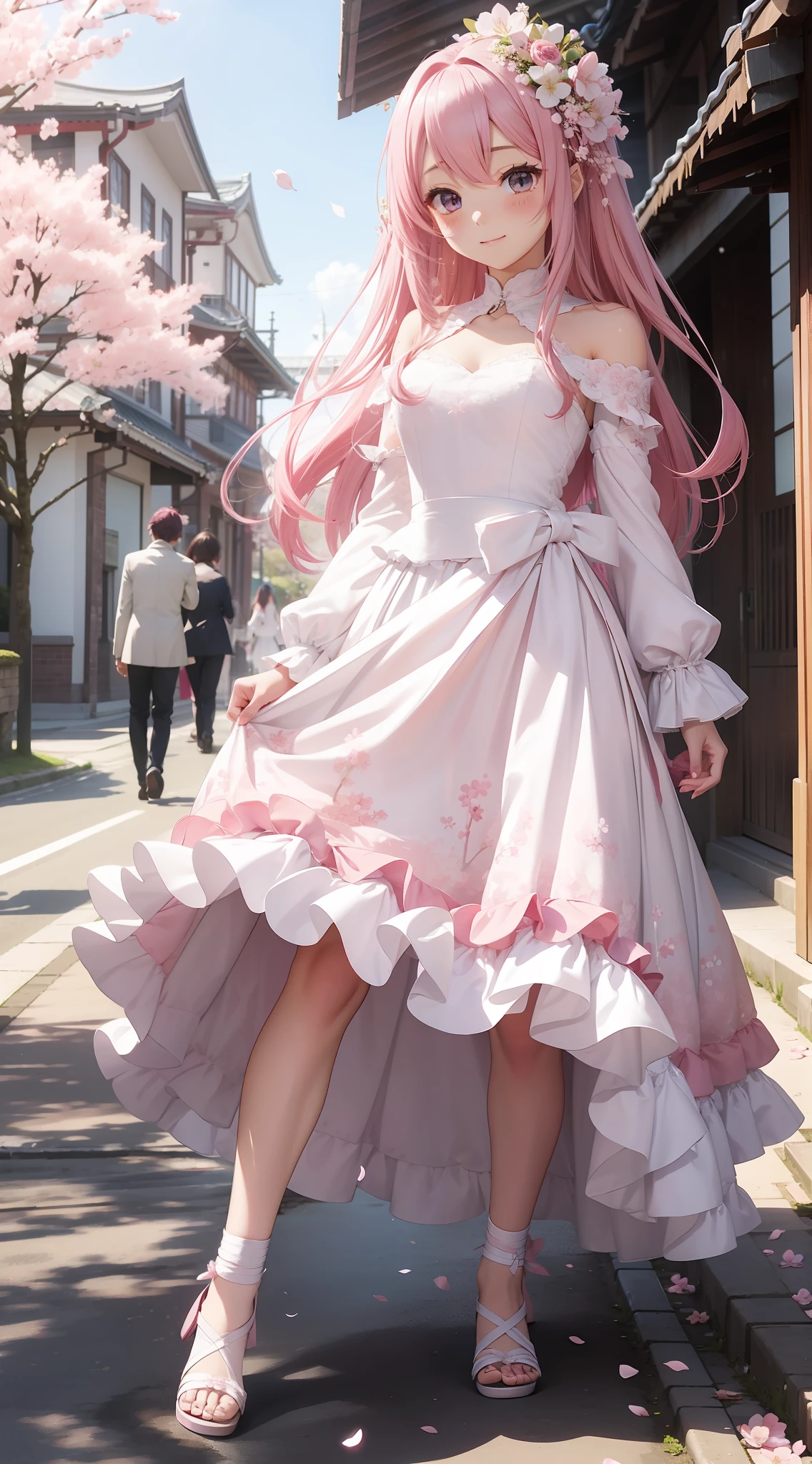Beautiful skins、beautiful foot、wedding dress、Walking、、Pink hair、A path lined with flourishing cherry blossom trees、Sakura blizzard