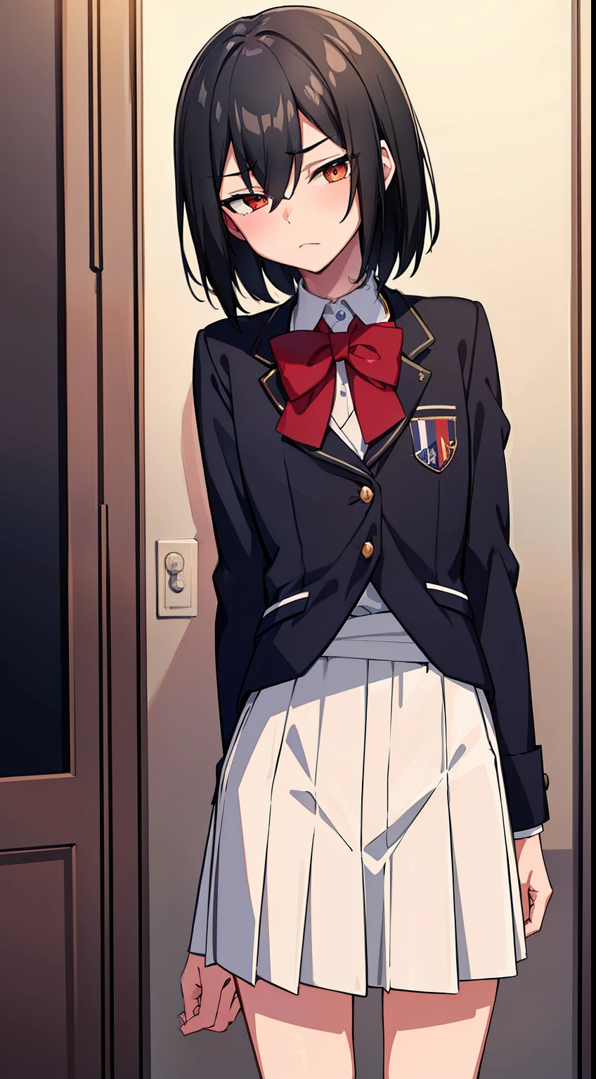 hiquality, tmasterpiece (One guy is a teenager,) high school uniform, plain, full length, indifferent face, black  hair, Bangs closes his eyes. In the background of the room.