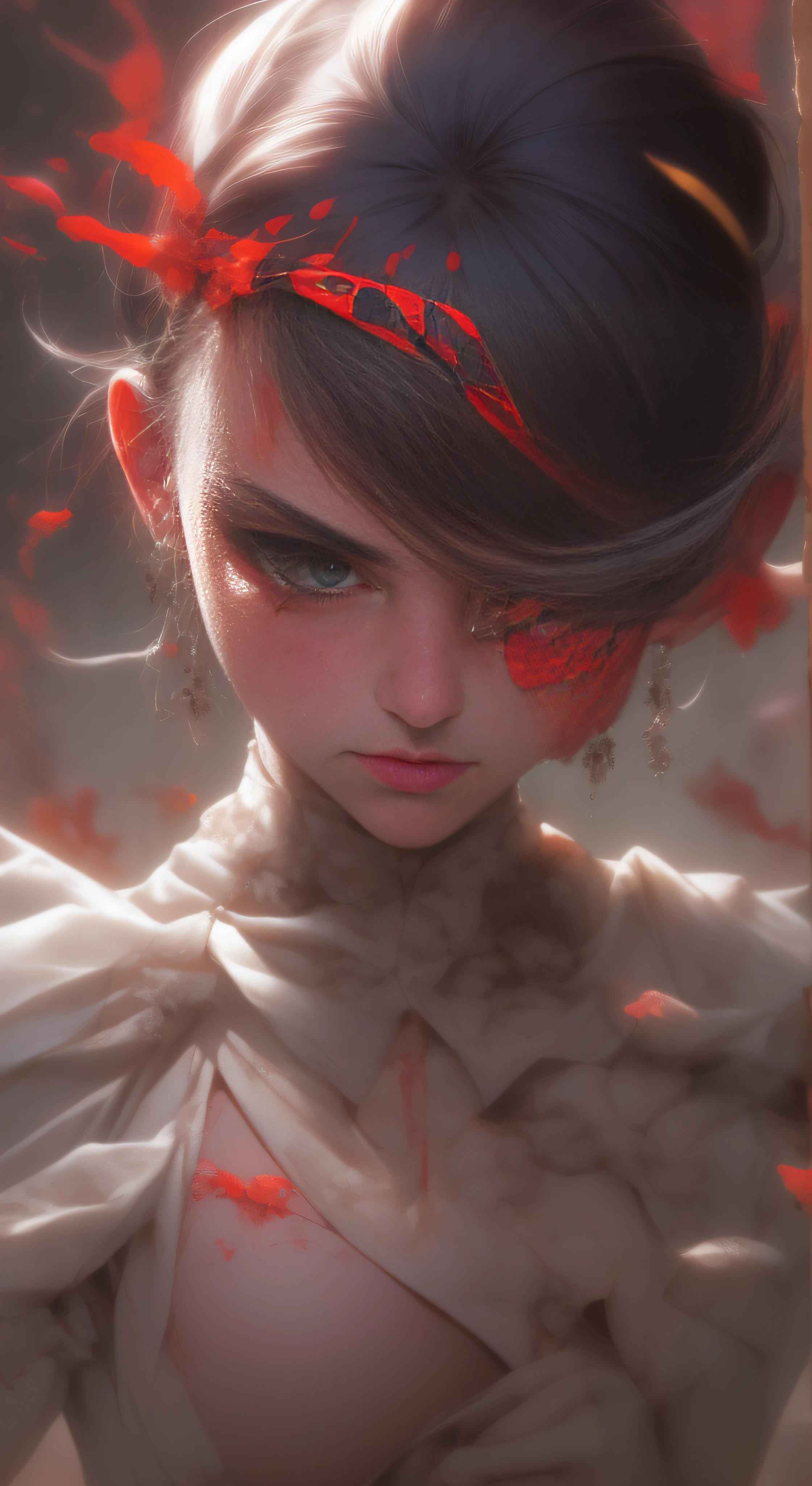 Extremamente detalhado CG unidade 8k papel de parede, Artistico, close up, a woman who is floating, com sua roupa toda rasgada, depois de uma luta intensa, ela esta usando um foice cheia de sangue, ruina, destruction, sangue, tinta, foco ocular, , pele exposta, parte do corpo exposta, trapos, rasgo, sujeira, noite