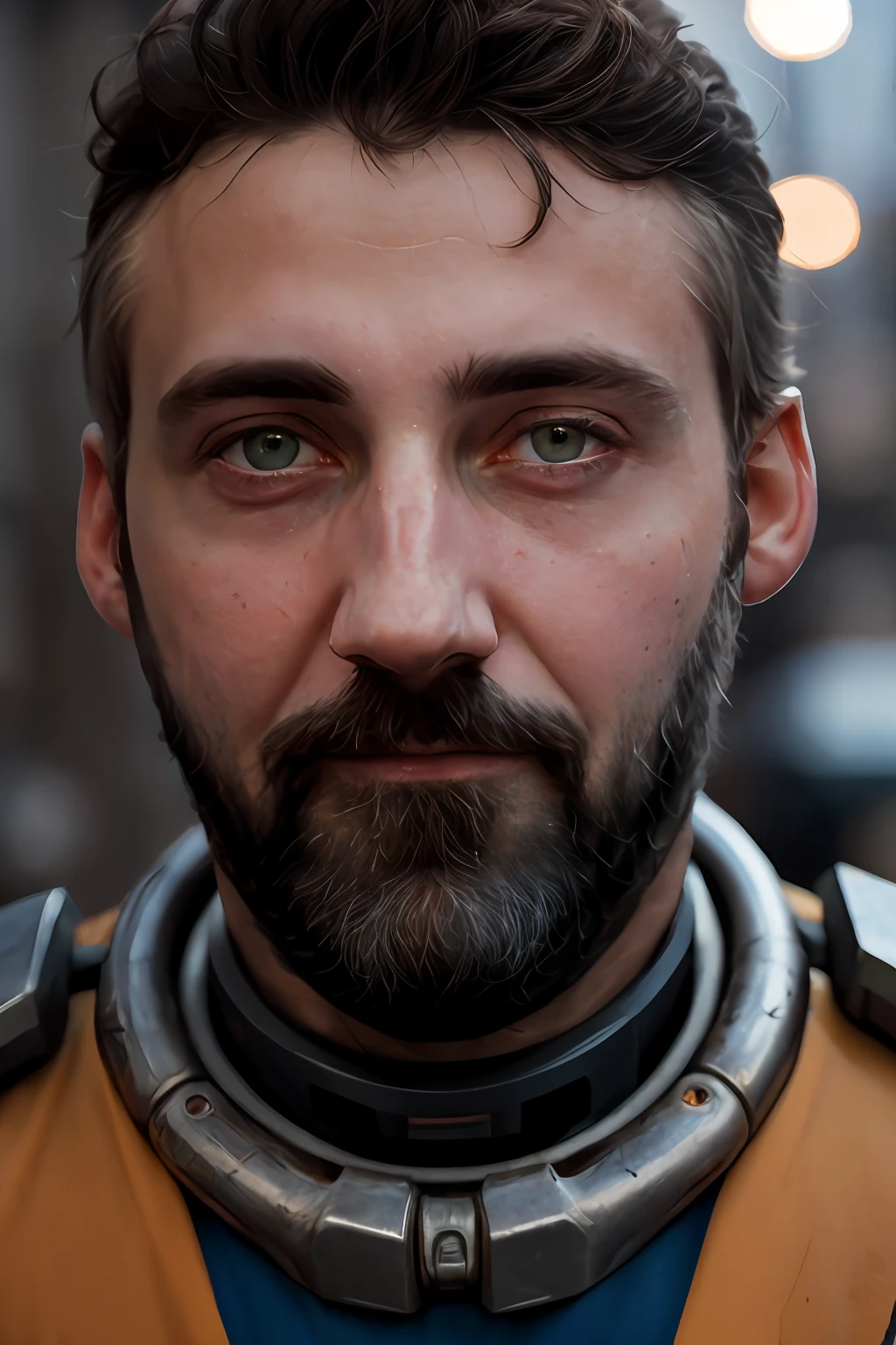 Portrait photo of muscular bearded guy in a worn mech suit, ((light bokeh)), intricate, (steel metal [rust]), elegant, sharp focus, photo by greg rutkowski, soft lighting, vibrant colors, masterpiece, ((streets)), detailed face