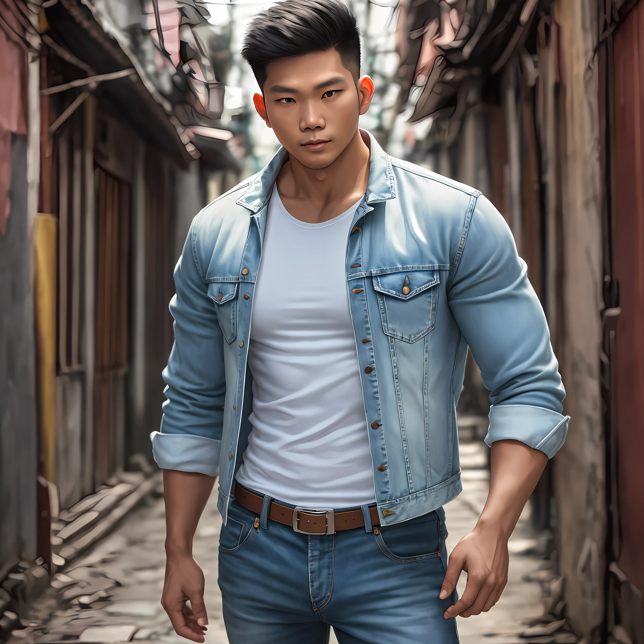 Thai man, 26 years old, handsome and strong man. full body portrait. man from the front looking directly at the viewer. body and face directly to viewer white t-shirt with denim jacket, wearing a jeans, in the back alley of thailand. perfect composition, hyperrealistic, superdetailed, 12k, high quality, sharp focus, studio shot, intricate details, --auto --s2