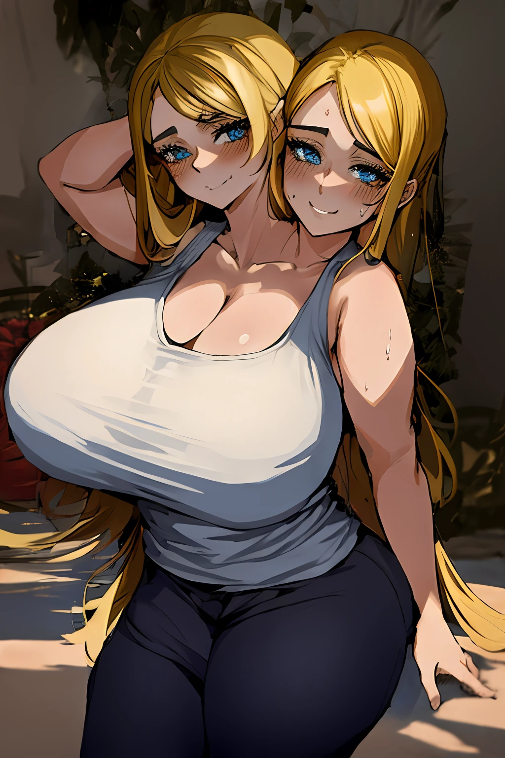 2heads, a short chubby woman with 2 heads. She has enormous breasts. She is inside a living room. She is wearing a tight colorful tank top and leggings. She has gigantic breasts. She has long blonde hair. She is sweating. She looks exhausted. She is smiling. She is blushing. She has enormous breasts. Her breasts are very circular and round.