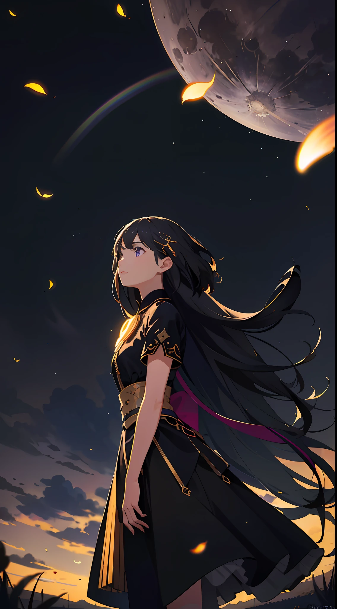 Vast landscape photo, (viewed from below, the sky is above and the open field is below), a girl standing on a flower field looking up, (full moon: 1.2), (meteor: 0.9), (nebula: 1.3), distant mountains , Trees BREAK Crafting Art, (Warm Light: 1.2), (Fireflies: 1.2), Lights, Lots of Purple and Orange, Intricate Details, Volumetric Lighting, Realism BREAK (Masterpiece: 1.2), (Best Quality), 4k, Ultra-Detailed, (Dynamic Composition: 1.4), Very Detailed, Colorful Details, (Rainbow Colors: 1.2), (Glow Lighting, Atmospheric Lighting), Dreamy, Magical, (Solo: 1.2)