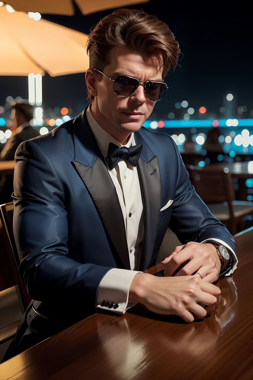 80's rick astley wearing dark blue tuxedo and a fedora hat , action figure, mullet hair, sunglasses, in miami, night, on a openair bar, solo, miami vice style, 80's action flick style, 1boy, digital art, photorealistic, mischeavous look, funny, closed mouth smile, redhead, night, close up, J.C. Leyendecker style ,vintage