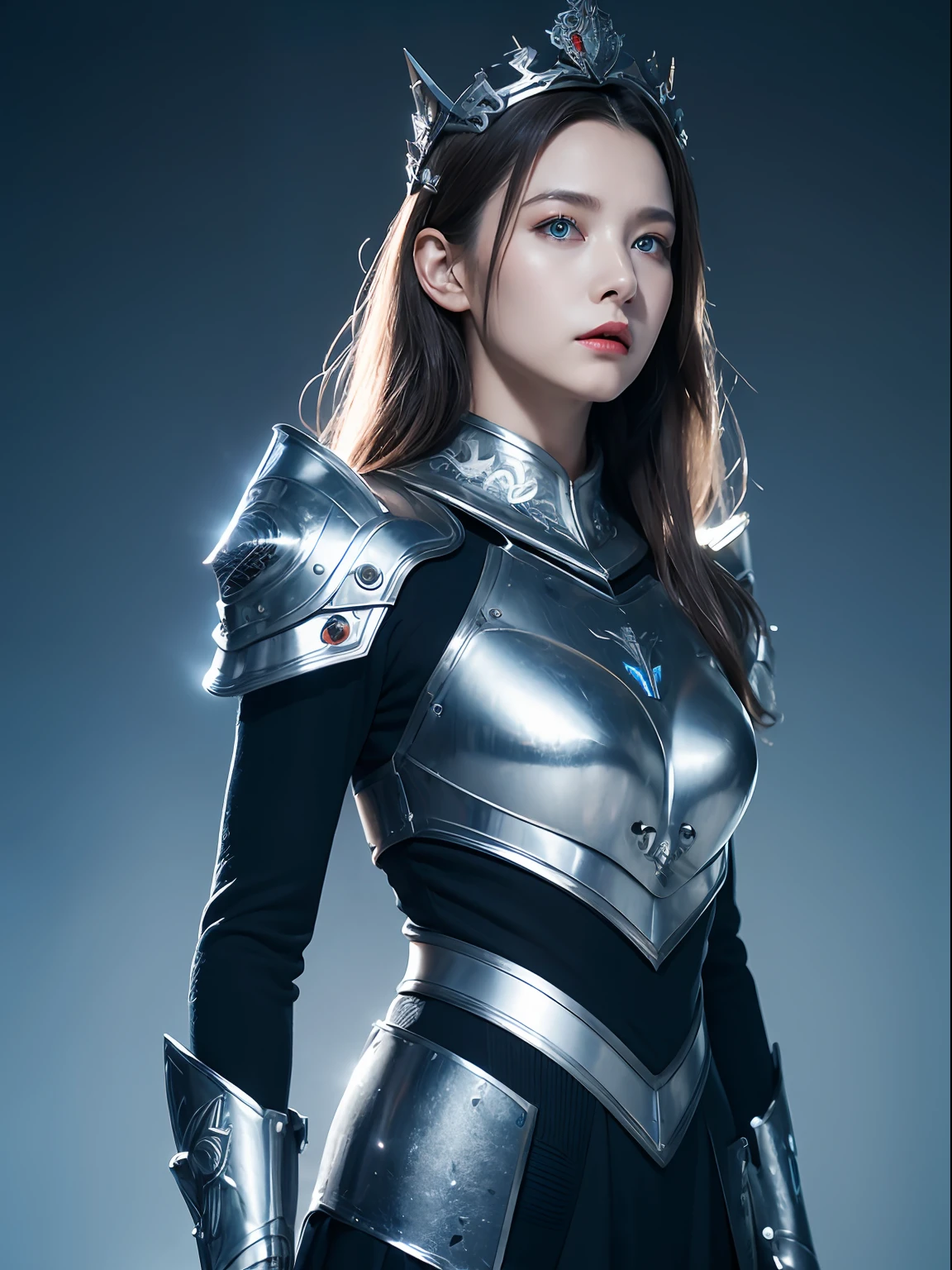 Masterpiece, Best quality, high resolution, 8K, Portrait, Realistic photo,（ Combine clothing with Korean fashion design），Digital photography, full bodyesbian, 1 **-****-*** girl, (Cyborg), Beautiful blue-gray gradient long hair, Blue eyes, Intricate, elegant, Highly detailed, The crown of evil, Black dress, ,Silver metal exoskeleton armor, Intricate knightly hollow armor,power armour, Openwork design, mechanical structure, Photo pose, Solemn,, Red lips, From the movie《Final Fantasy XV》.Metallic texture, oc rendered，Reflective texture, ((Clothing cutting)), ((Set against the backdrop of the castle and the huge Moster))