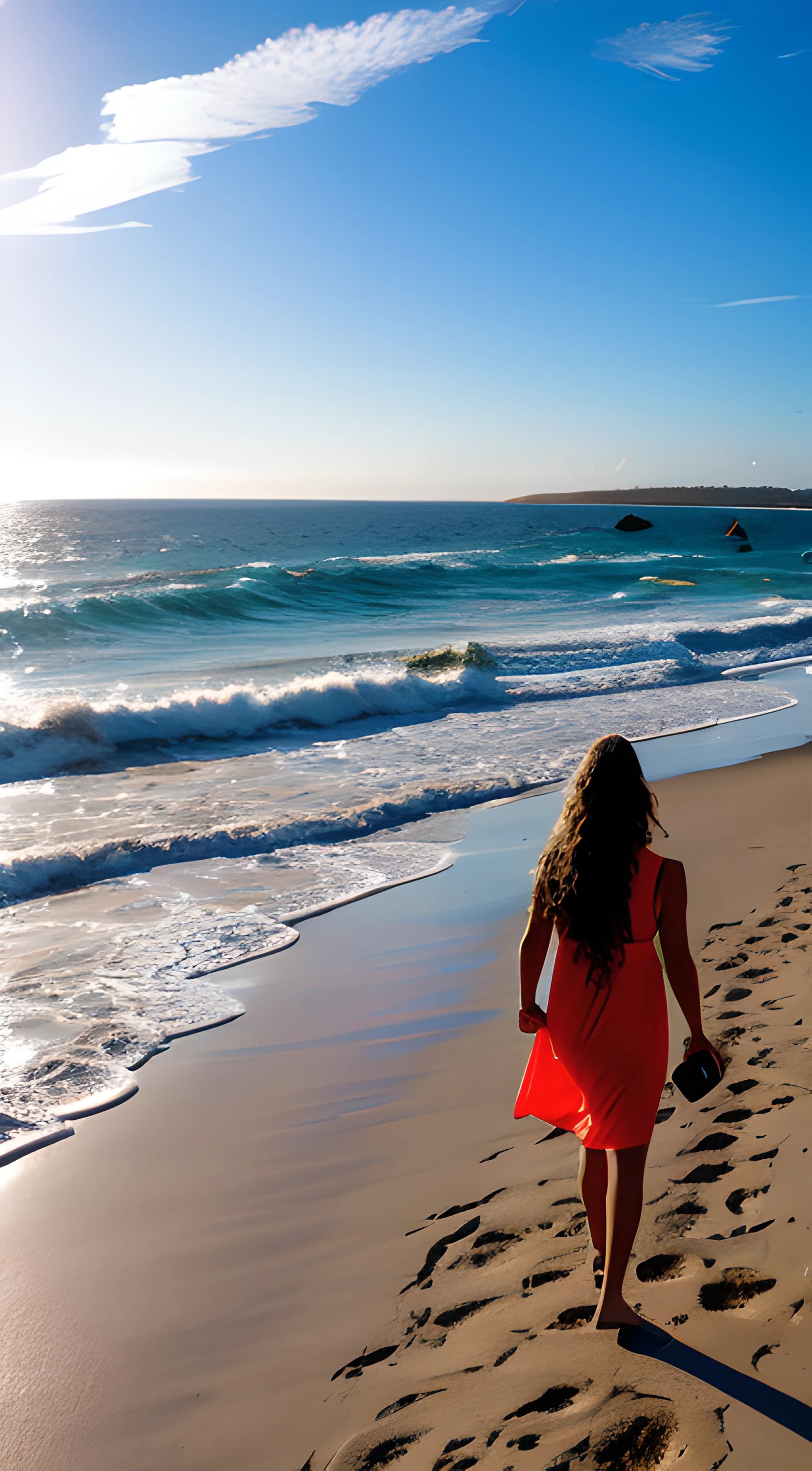 Woman standing on a sidewalk, no fundo uma praia bonita. Mar com ondas, dia ensolarado --auto